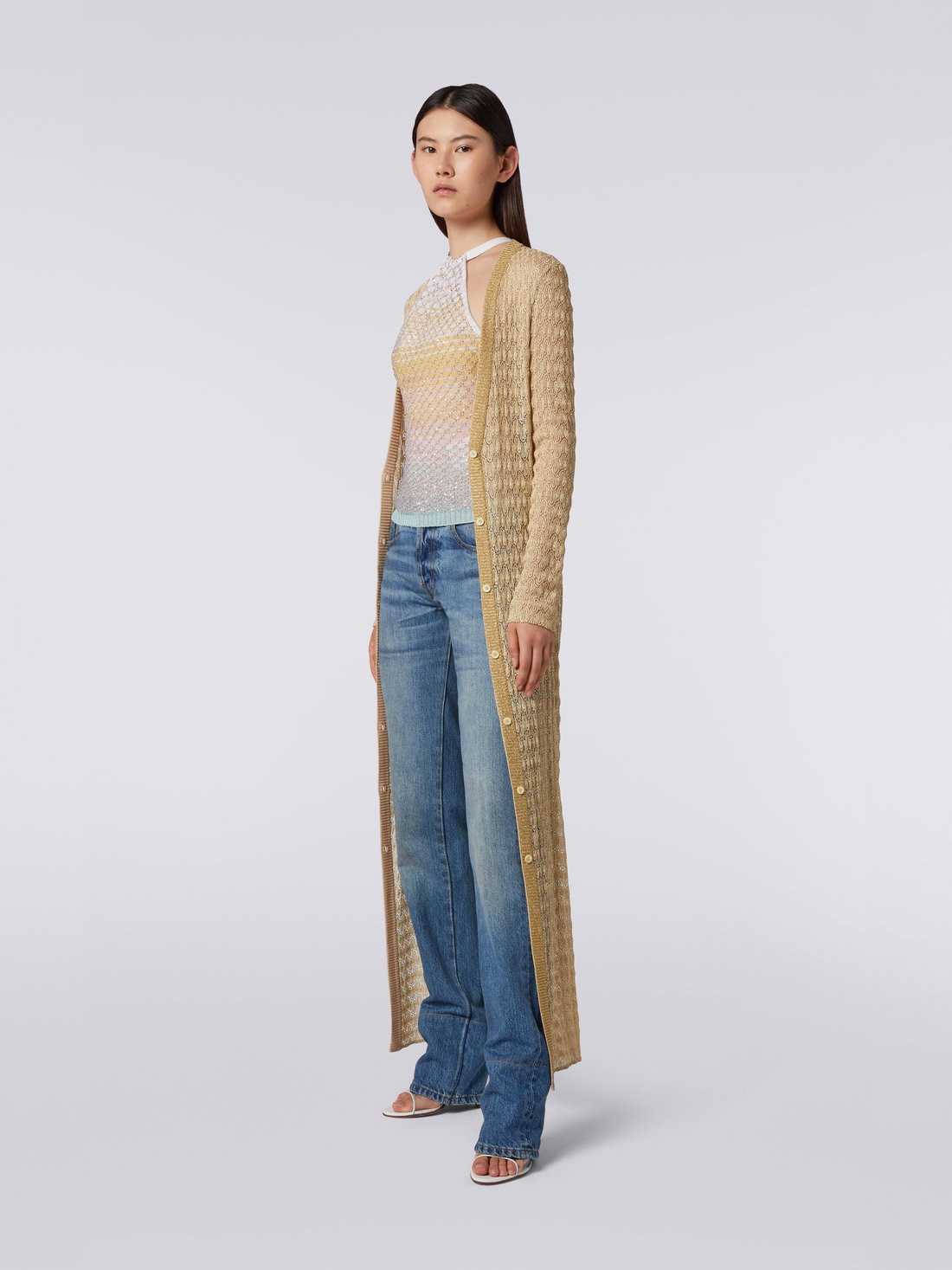 Long cardigan en mélange de viscose lamé, Ocre & Jaune Lamé - DS23SM1OBR00JVS109F - 2