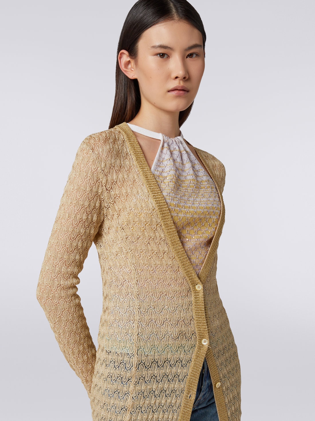 Long cardigan in lamé viscose blend Ochre & Yellow Lamé | Missoni