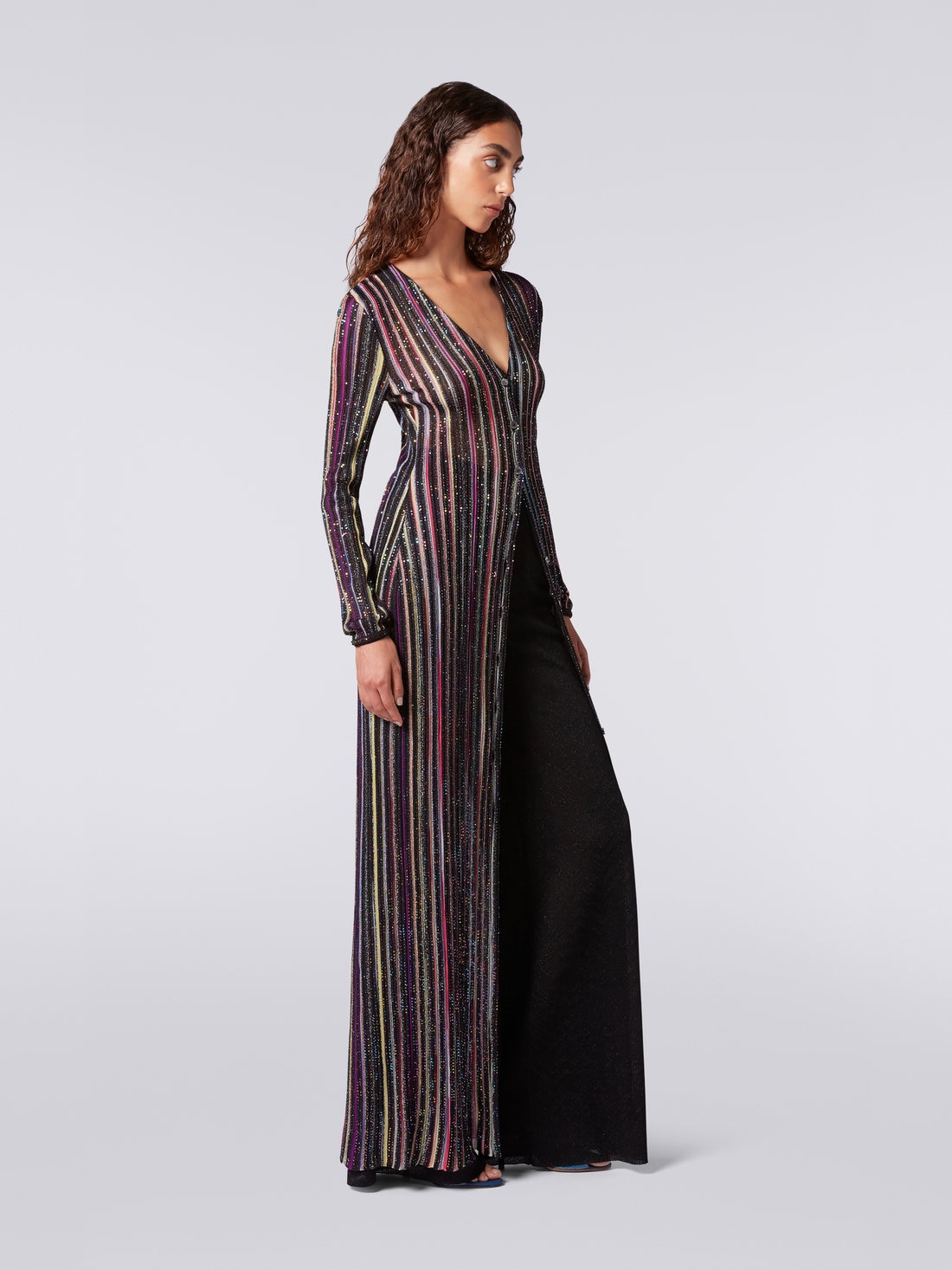 Cardigan long plissé avec paillettes, Noir & Multicolore - DS23SM1QBK023RS91E3 - 2
