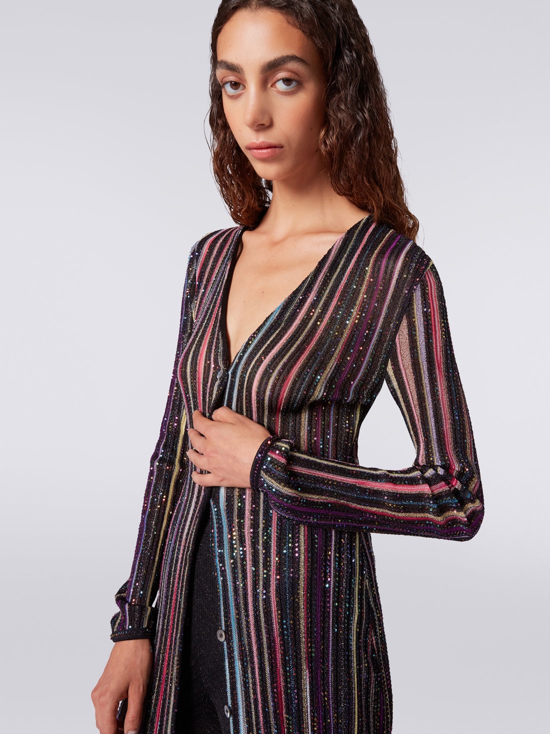 Pleated long cardigan with sequins, Black & Multicoloured - DS23SM1QBK023RS91E3 - 4