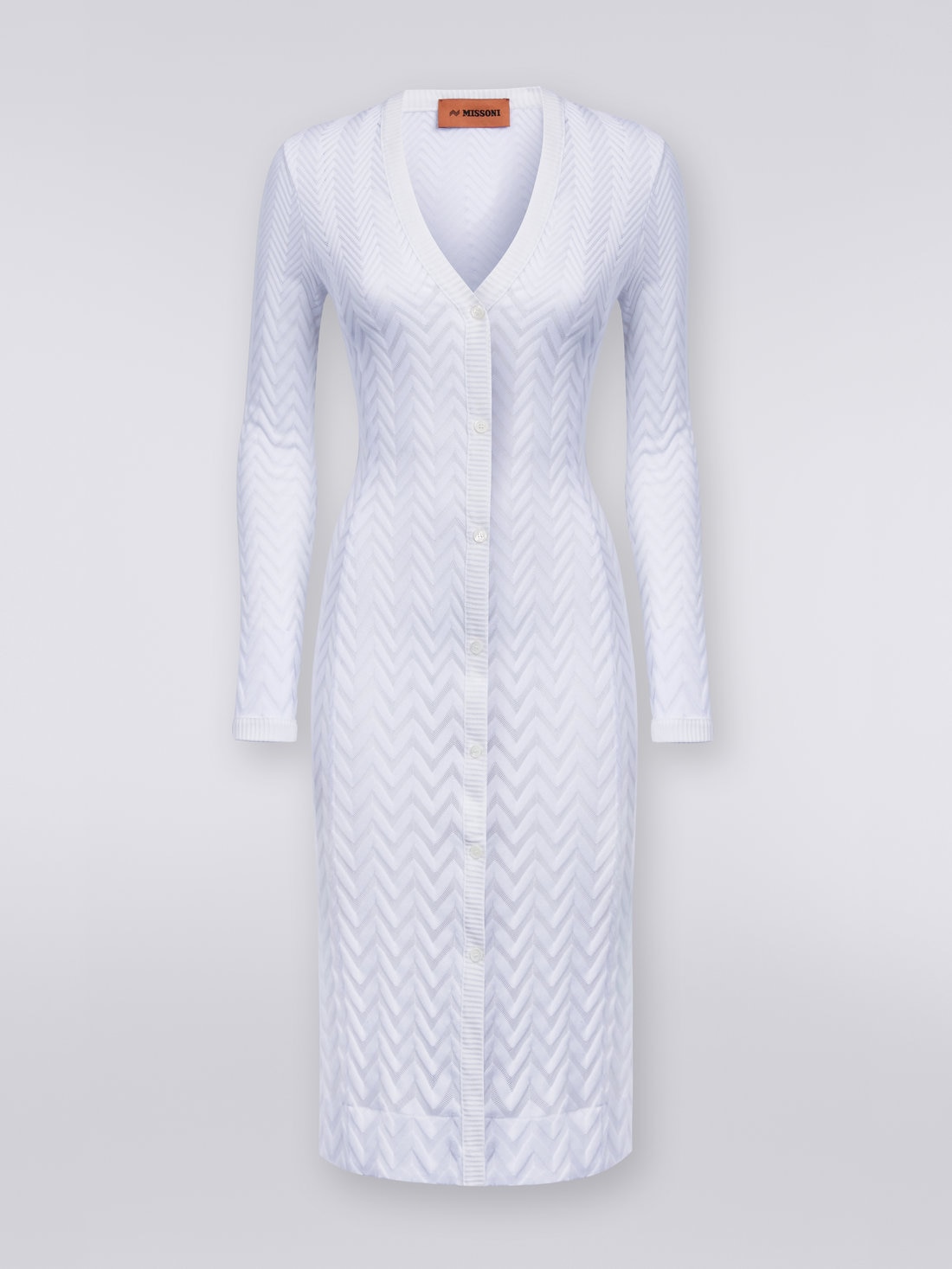 Long cotton and viscose cardigan with tone-on-tone chevron, White  - DS23SM1TBR00JE14001 - 0