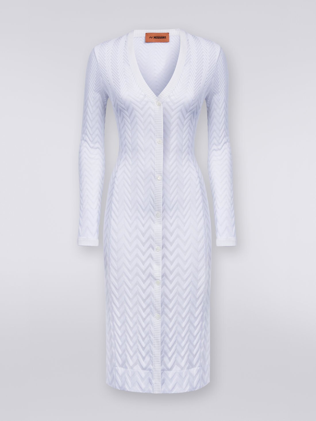 Long cardigan en coton et viscose avec chevrons ton sur ton, Blanc  - DS23SM1TBR00JE14001 - 0