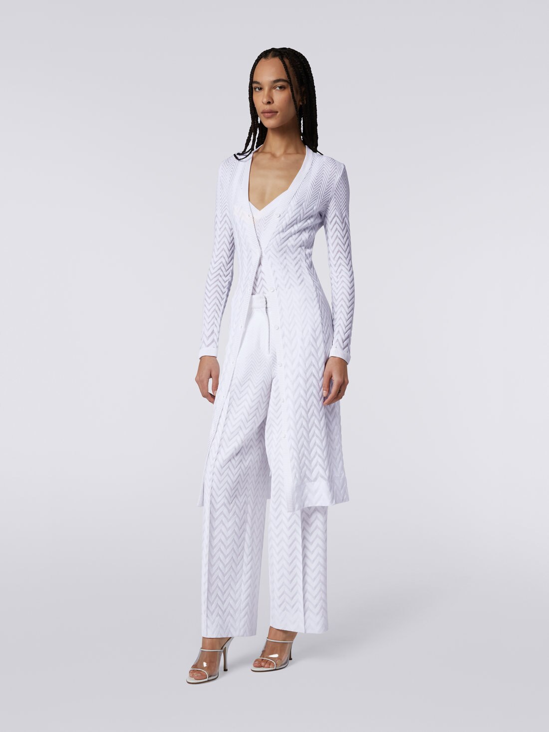 Long cardigan en coton et viscose avec chevrons ton sur ton, Blanc  - DS23SM1TBR00JE14001 - 2