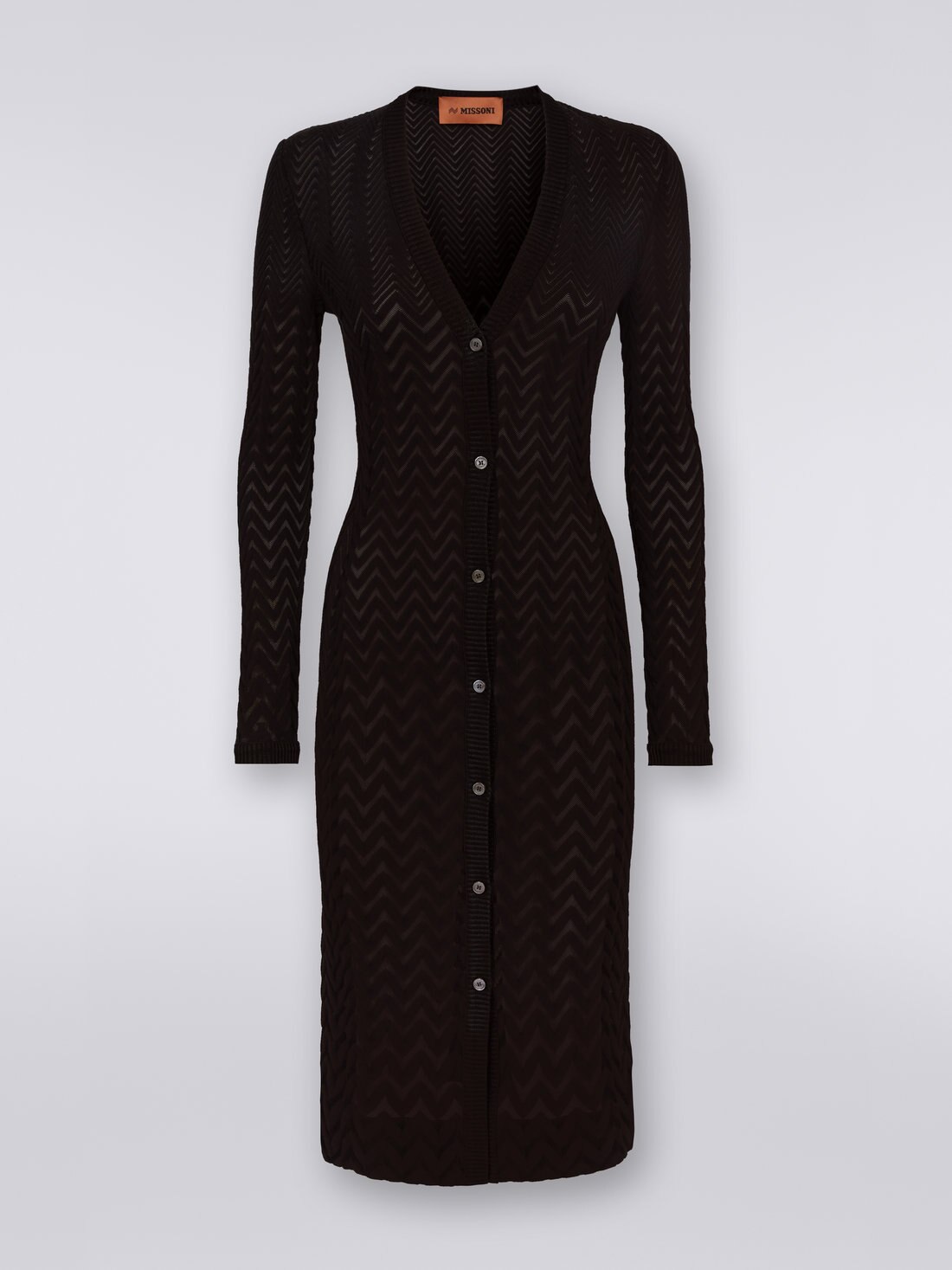 Long cotton and viscose cardigan with tone-on-tone chevron, Black    - DS23SM1TBR00JE93911 - 0