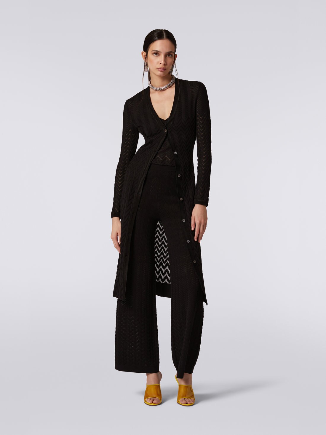 Long cotton and viscose cardigan with tone-on-tone chevron, Black    - DS23SM1TBR00JE93911 - 1