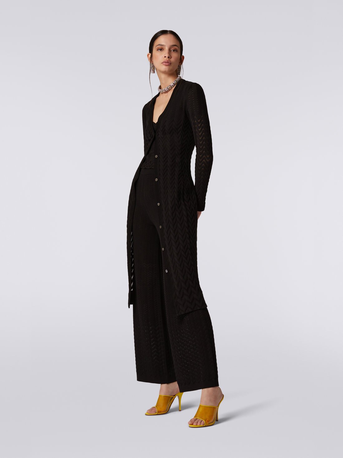 Long cotton and viscose cardigan with tone-on-tone chevron, Black    - DS23SM1TBR00JE93911 - 2