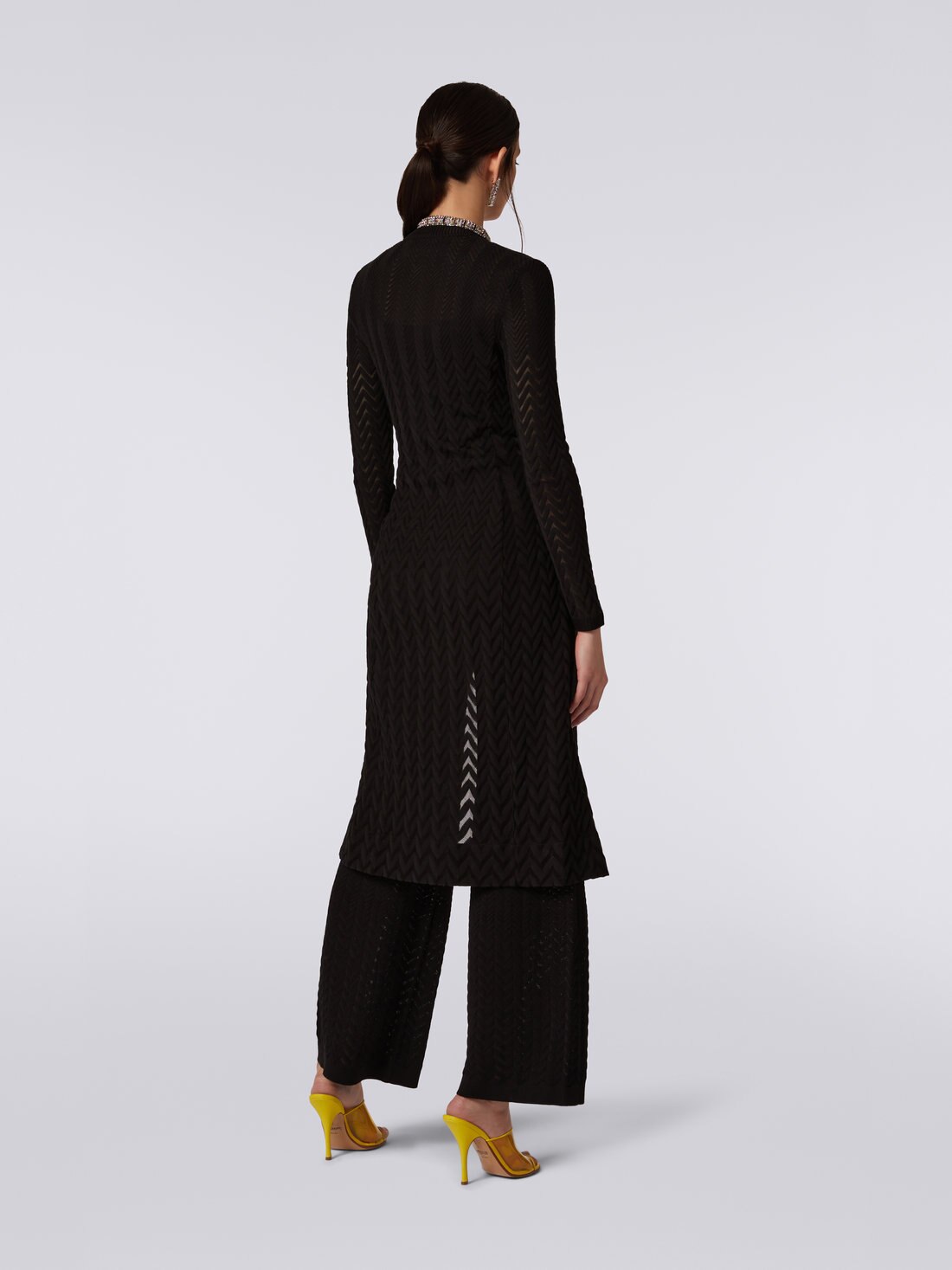 Long cotton and viscose cardigan with tone-on-tone chevron, Black    - DS23SM1TBR00JE93911 - 3