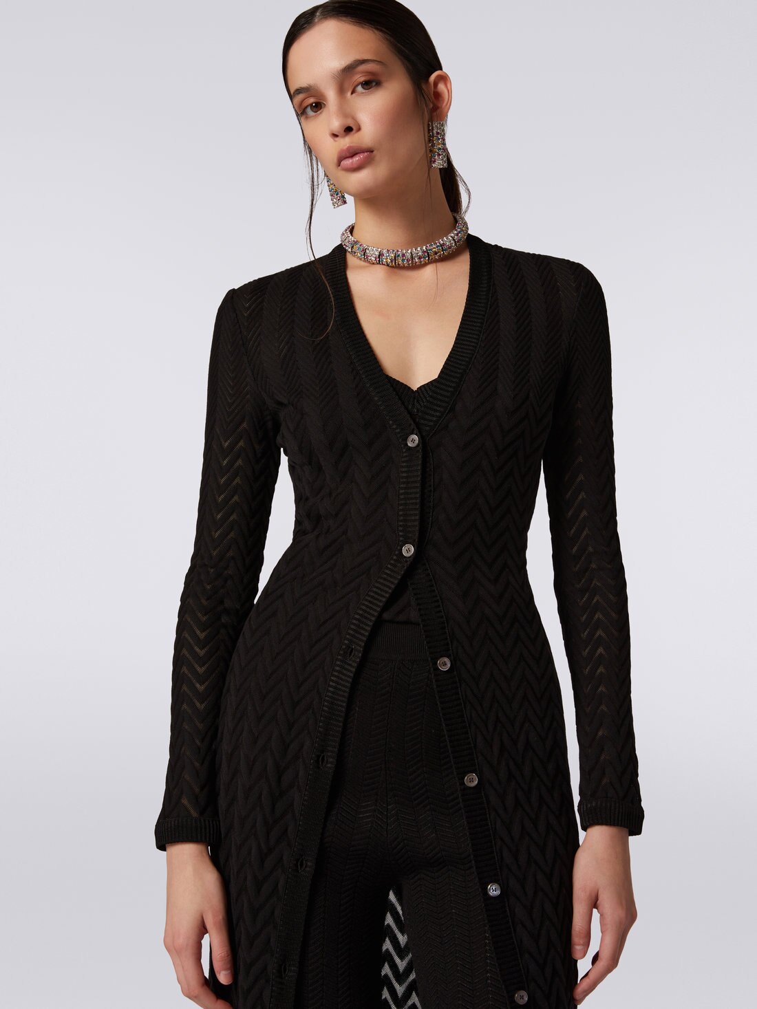 Long cotton and viscose cardigan with tone-on-tone chevron, Black    - DS23SM1TBR00JE93911 - 4