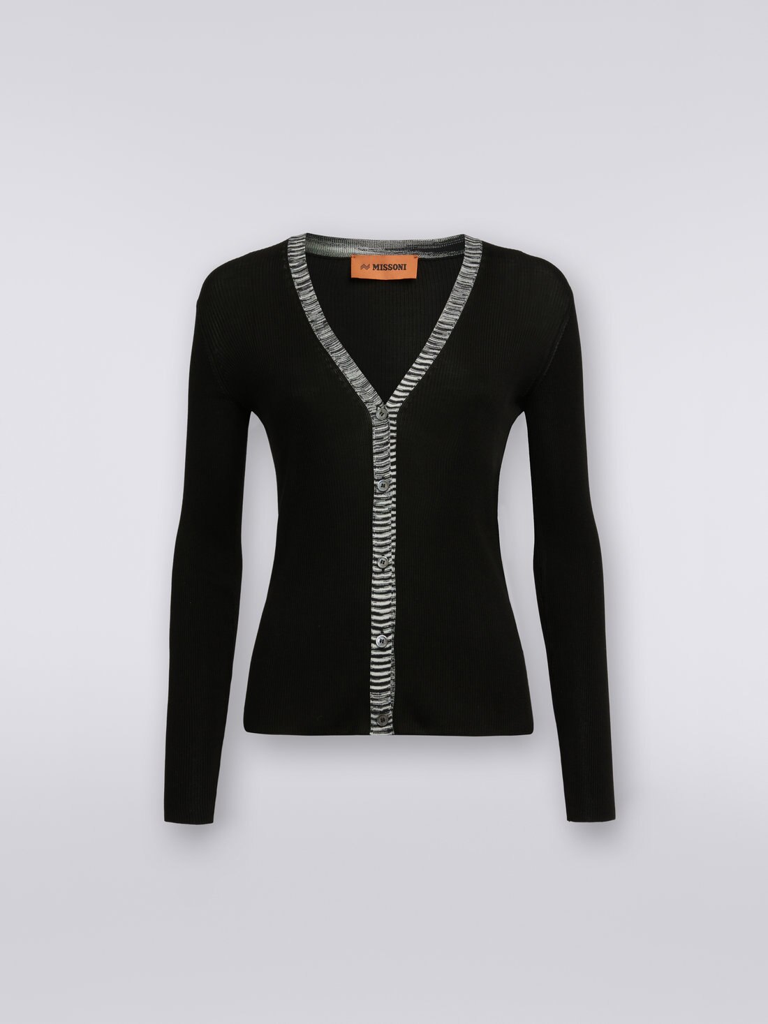 Ribbed silk cardigan with contrasting trim, Black    - DS23SM24BK023X93911 - 0