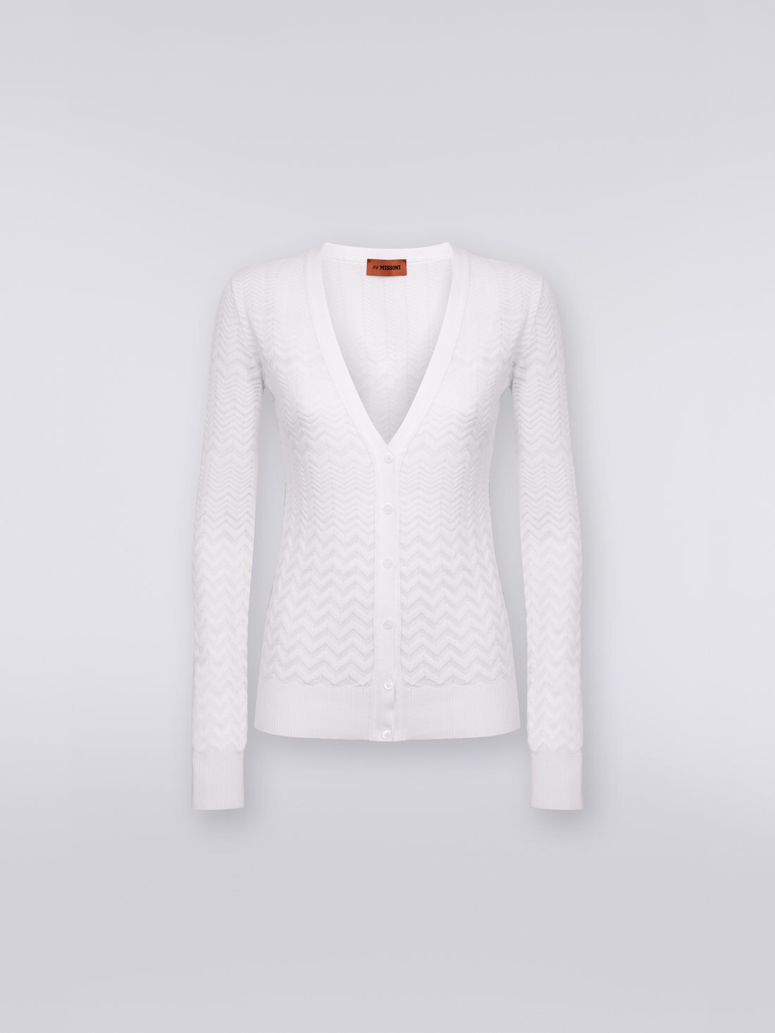 Cardigan in cotone e viscosa con zig zag tono su tono, Bianco  - DS23SM25BK023Y14001 - 0