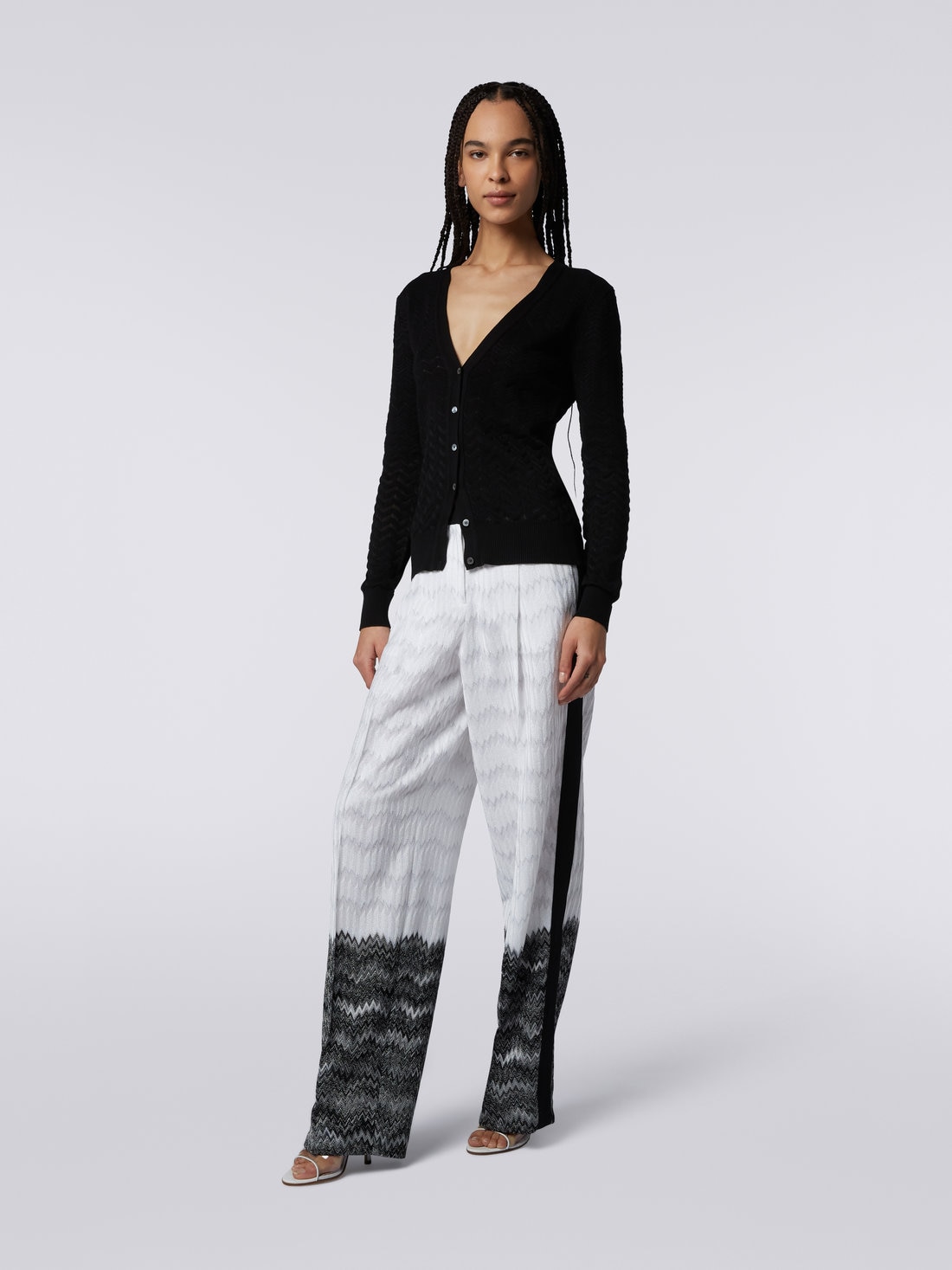 Cárdigan de algodón y viscosa con zigzag tono sobre tono, Negro    - 8051575752988 - 2