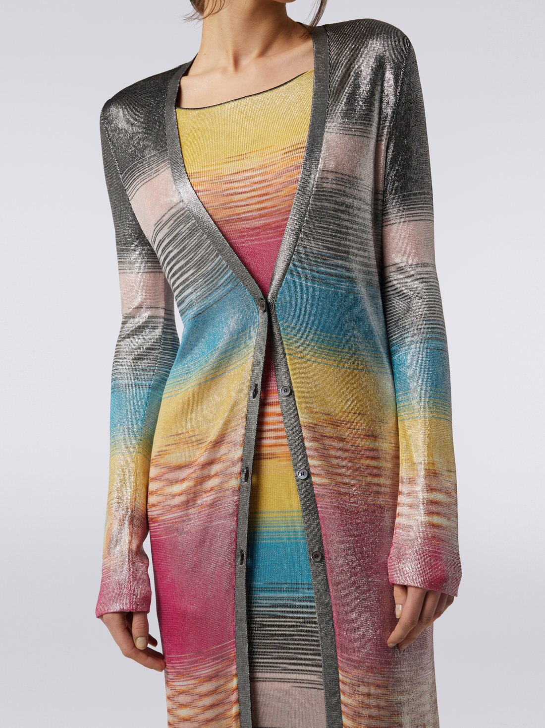 Cardigan long en viscose flammée multicolore avec finition brillante, Multicolore  - 8051575742019 - 4