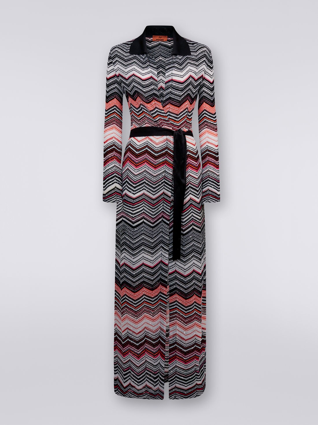 Long chevron cotton blend cardigan with sequins, Black, Pink & White  - DS23SM2KBK026BS30BV - 0