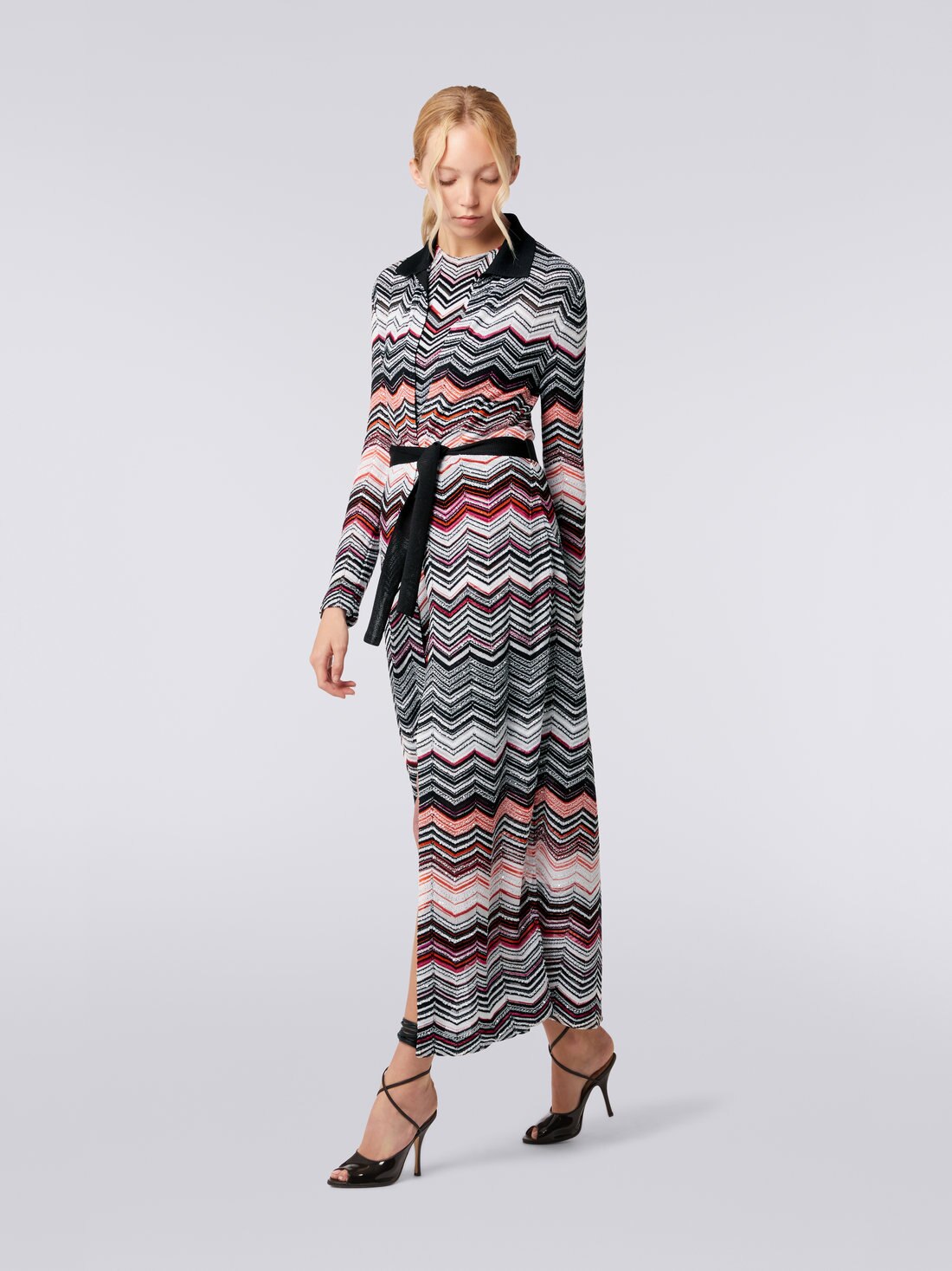 Long chevron cotton blend cardigan with sequins, Black, Pink & White  - DS23SM2KBK026BS30BV - 2