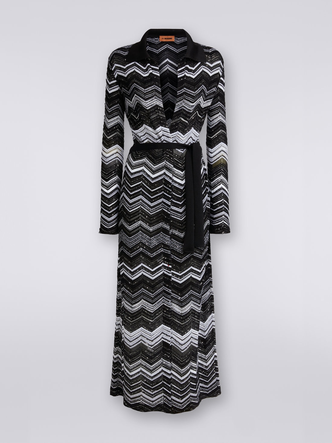 Long chevron cotton blend cardigan with sequins, Black & White - DS23SM2KBK026BS91FX - 0