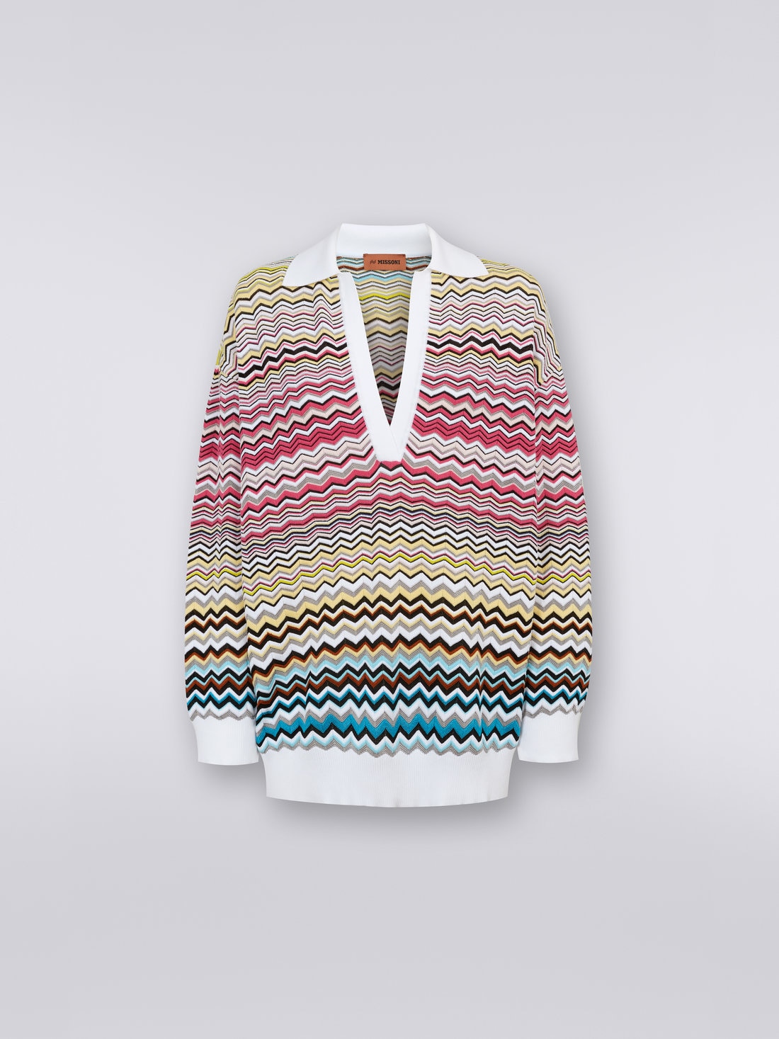 Long-sleeved oversized polo shirt with chevron pattern, Multicoloured - 0