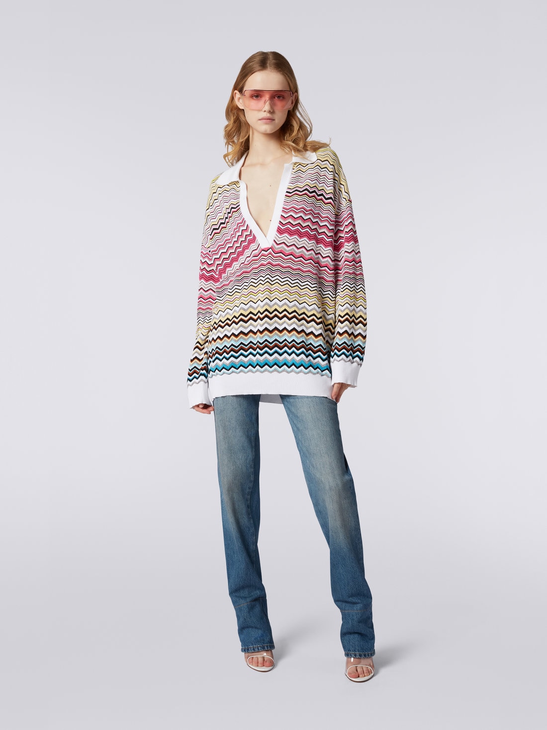 Long-sleeved oversized polo shirt with chevron pattern, Multicoloured - DS23SN0PBK022HSM8N6 - 1