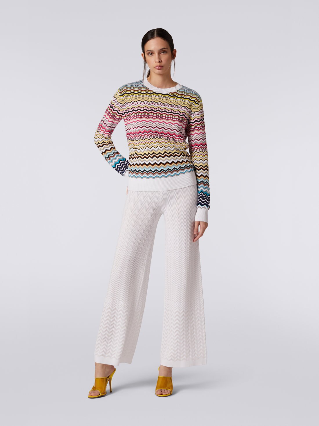 Cotton and viscose chevron crew-neck jumper, Multicoloured - DS23SN1CBK022HSM8N6 - 1