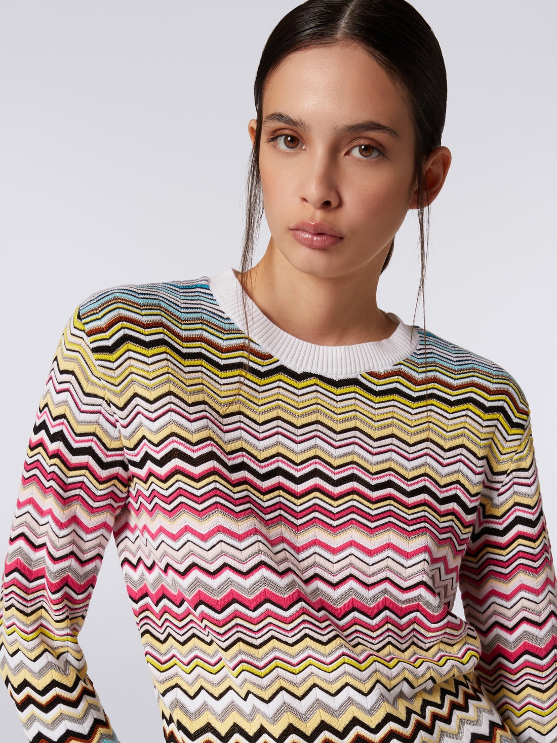 Cotton and viscose chevron crew-neck jumper, Multicoloured - DS23SN1CBK022HSM8N6 - 4