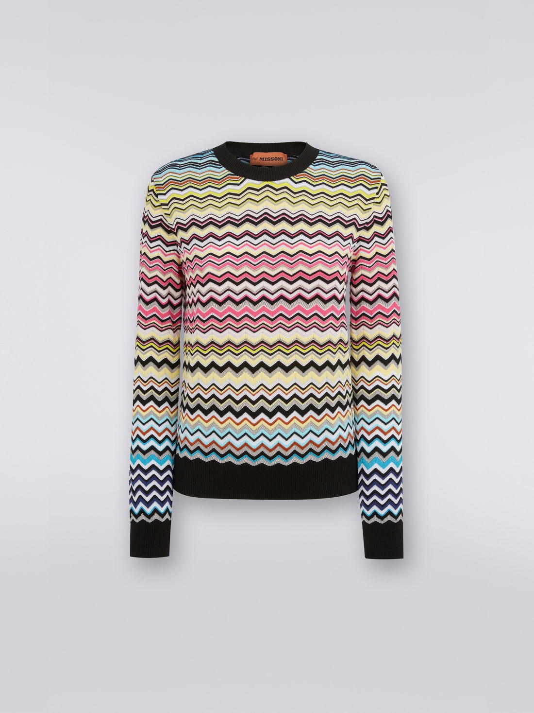 Cotton and viscose chevron crew-neck jumper, Multicoloured - 0