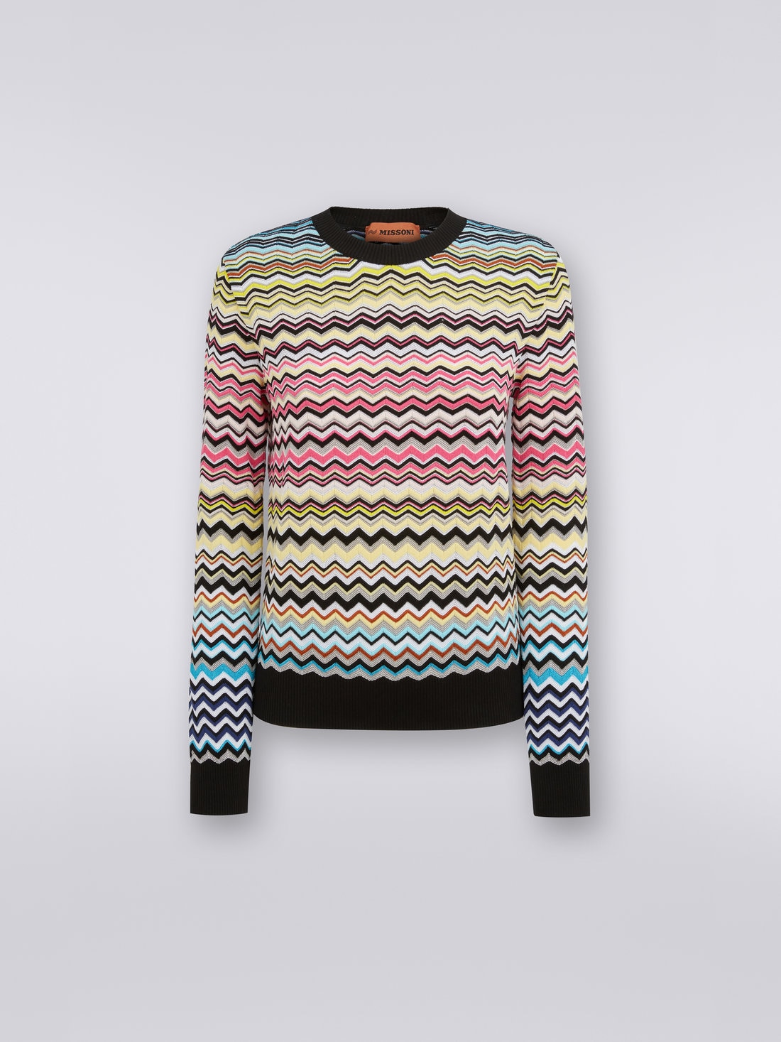 Cotton and viscose chevron crew-neck jumper, Multicoloured - DS23SN1CBK022HSM8NH - 0