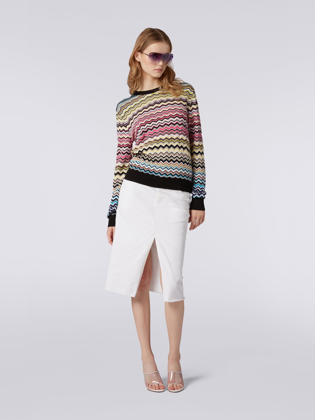 Cotton and viscose chevron crew-neck jumper, Multicoloured - DS23SN1CBK022HSM8NH - 1