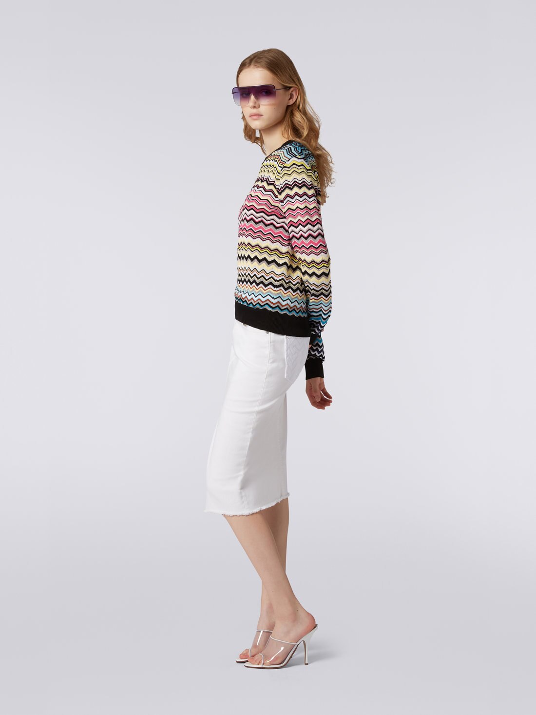 Cotton and viscose chevron crew-neck jumper, Multicoloured - DS23SN1CBK022HSM8NH - 2