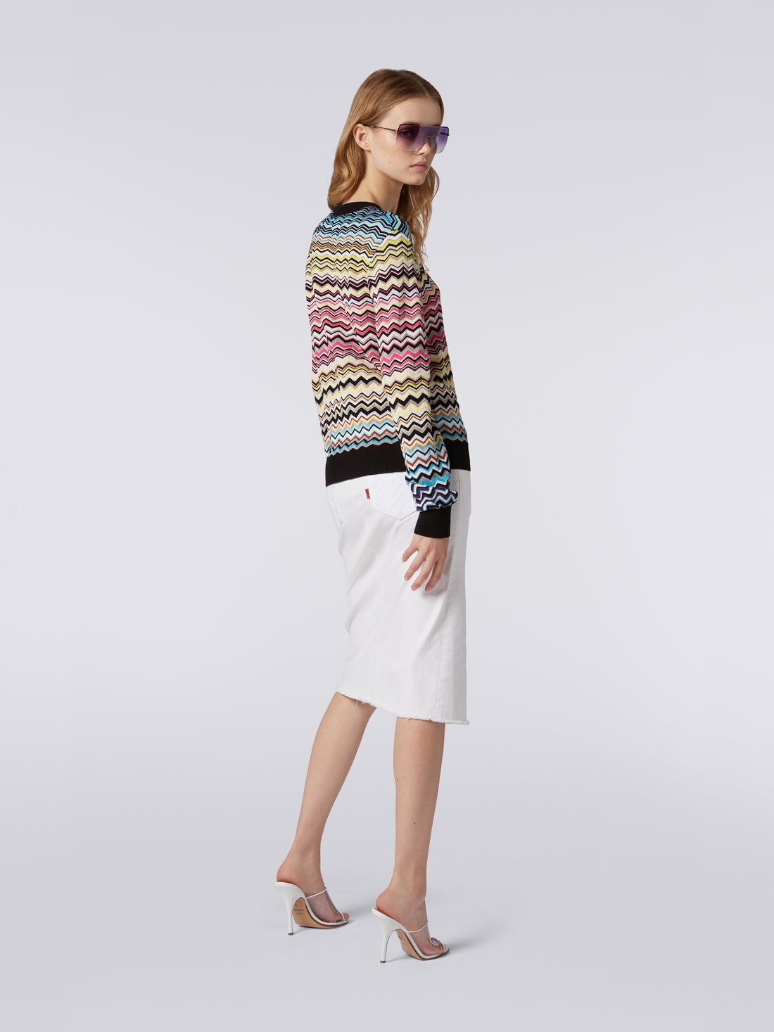 Cotton and viscose chevron crew-neck jumper, Multicoloured - DS23SN1CBK022HSM8NH - 3