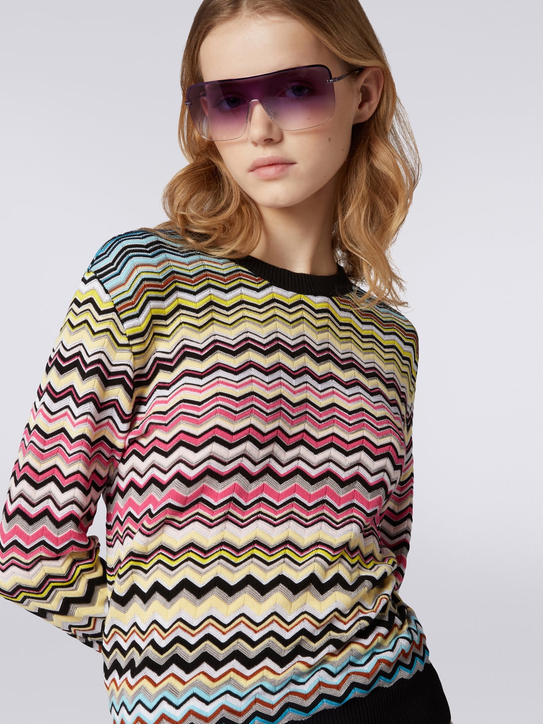 Maglione girocollo in cotone e viscosa chevron, Multicolore - DS23SN1CBK022HSM8NH - 4