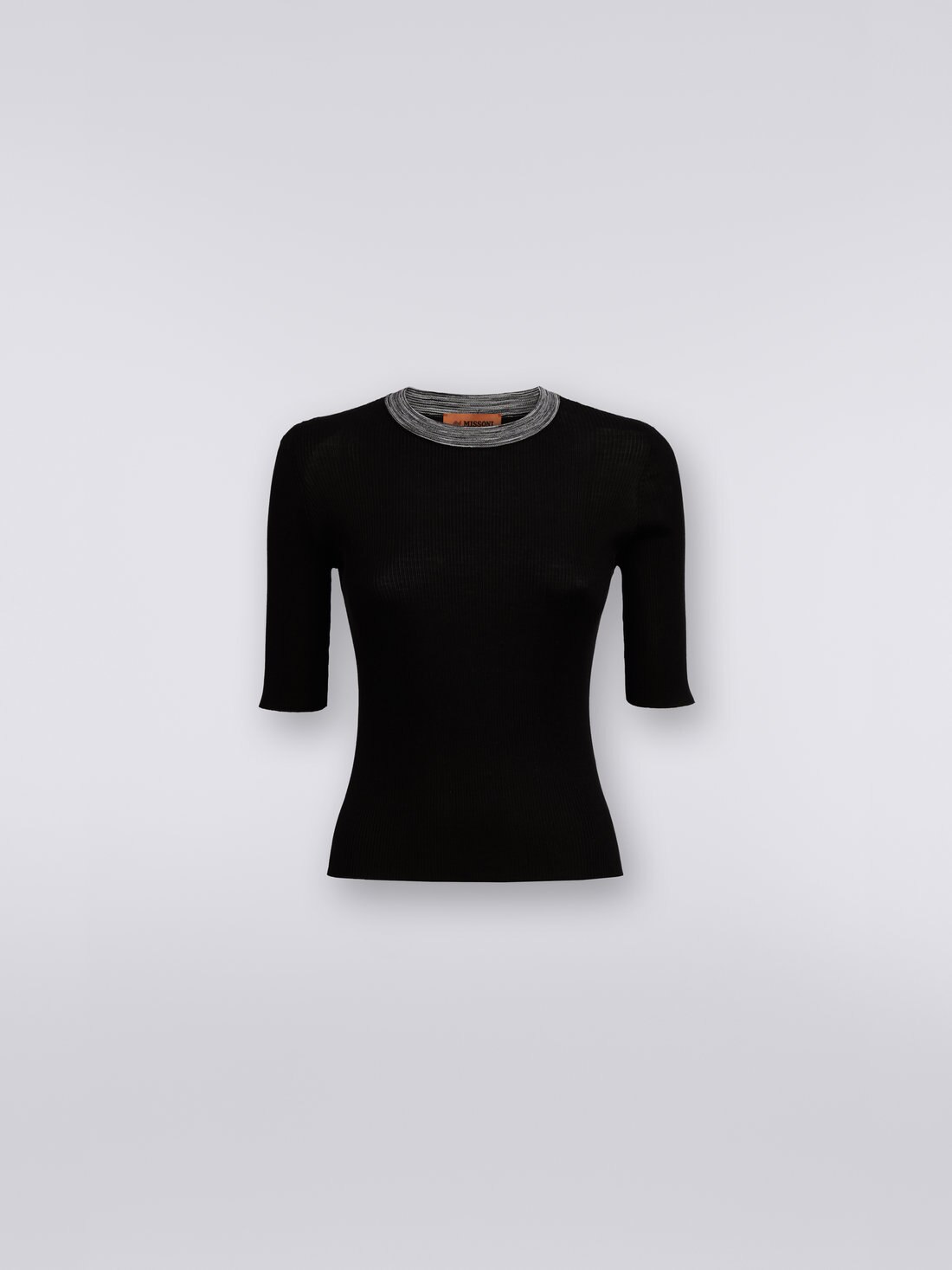 Short-sleeved crew-neck sweater in slubbed trim silk, Black    - 8051575753459 - 0