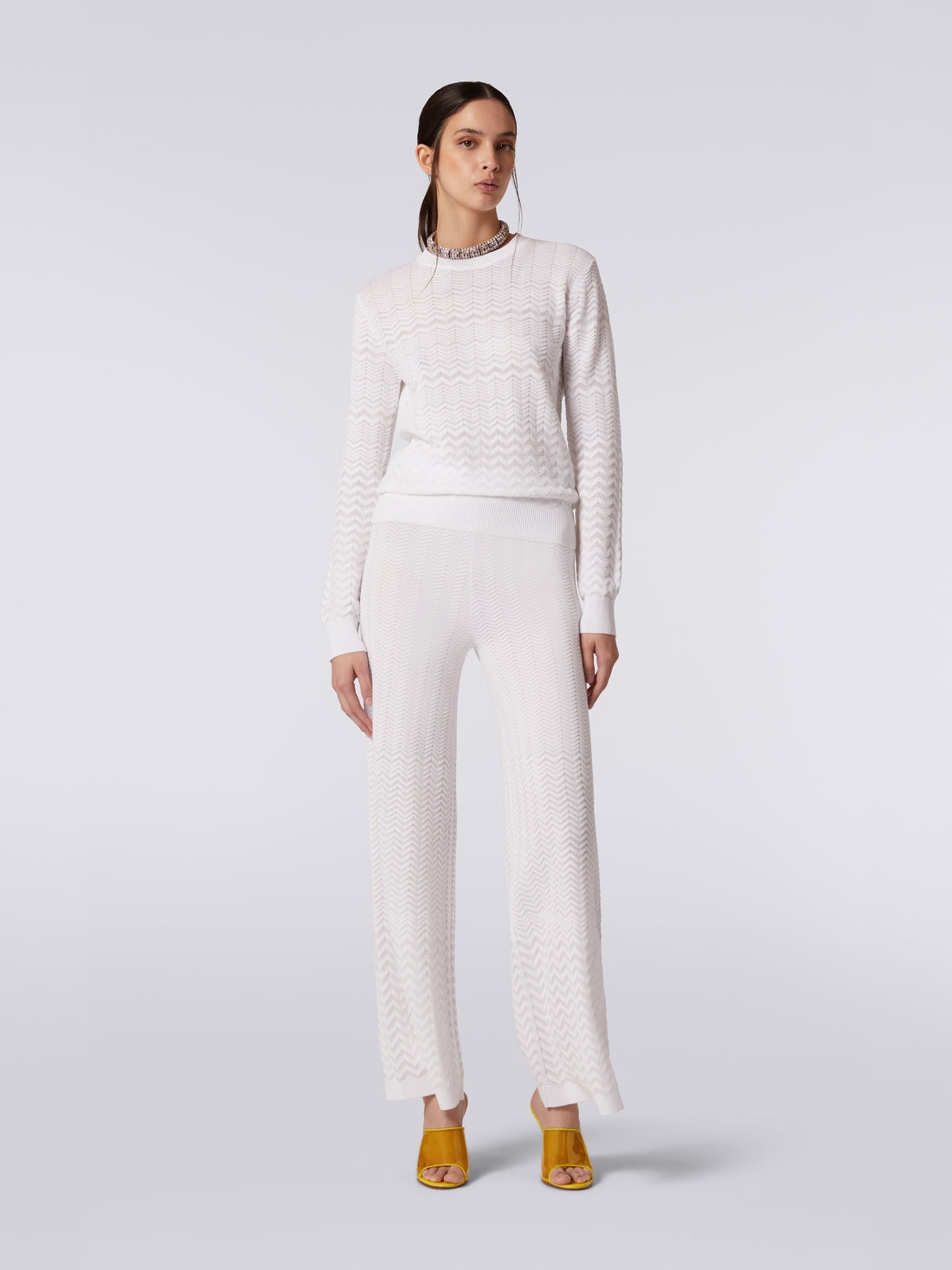 Cotton and viscose crew-neck jumper with tone-on-tone zigzag, White  - DS23SN1IBK023Y14001 - 1