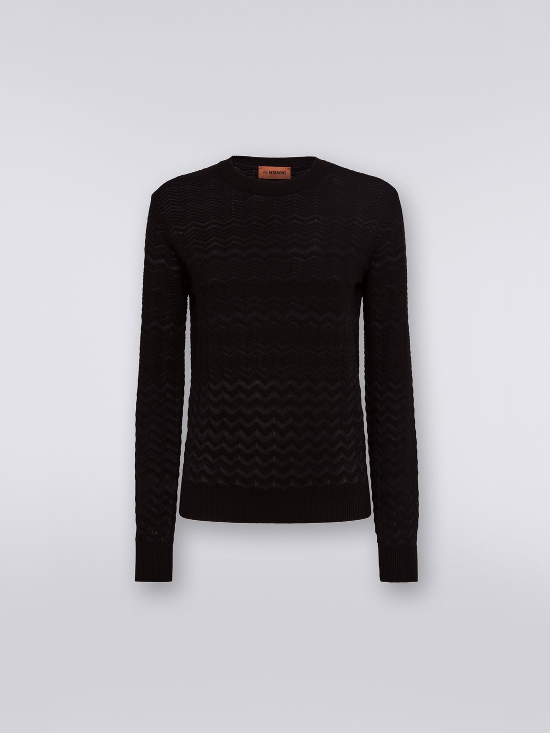 Jersey de algodón y viscosa con cuello redondo y zigzag tono sobre tono, Negro    - DS23SN1IBK023Y93911 - 0