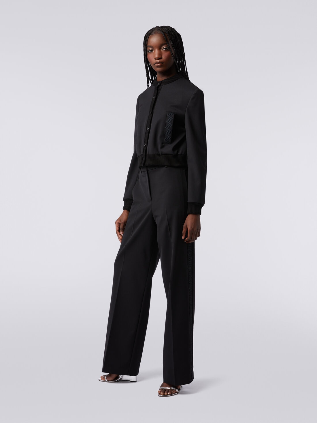 Bomber en laine mélangée avec empiècements zig zag, Noir    - 8051575946684 - 2