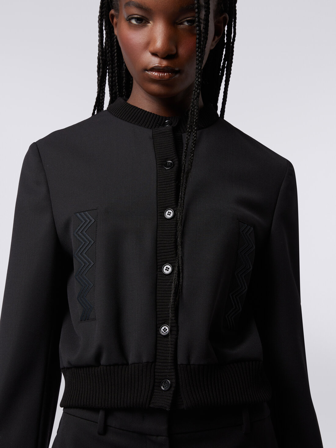 Bomber en laine mélangée avec empiècements zig zag, Noir    - 8051575946684 - 4