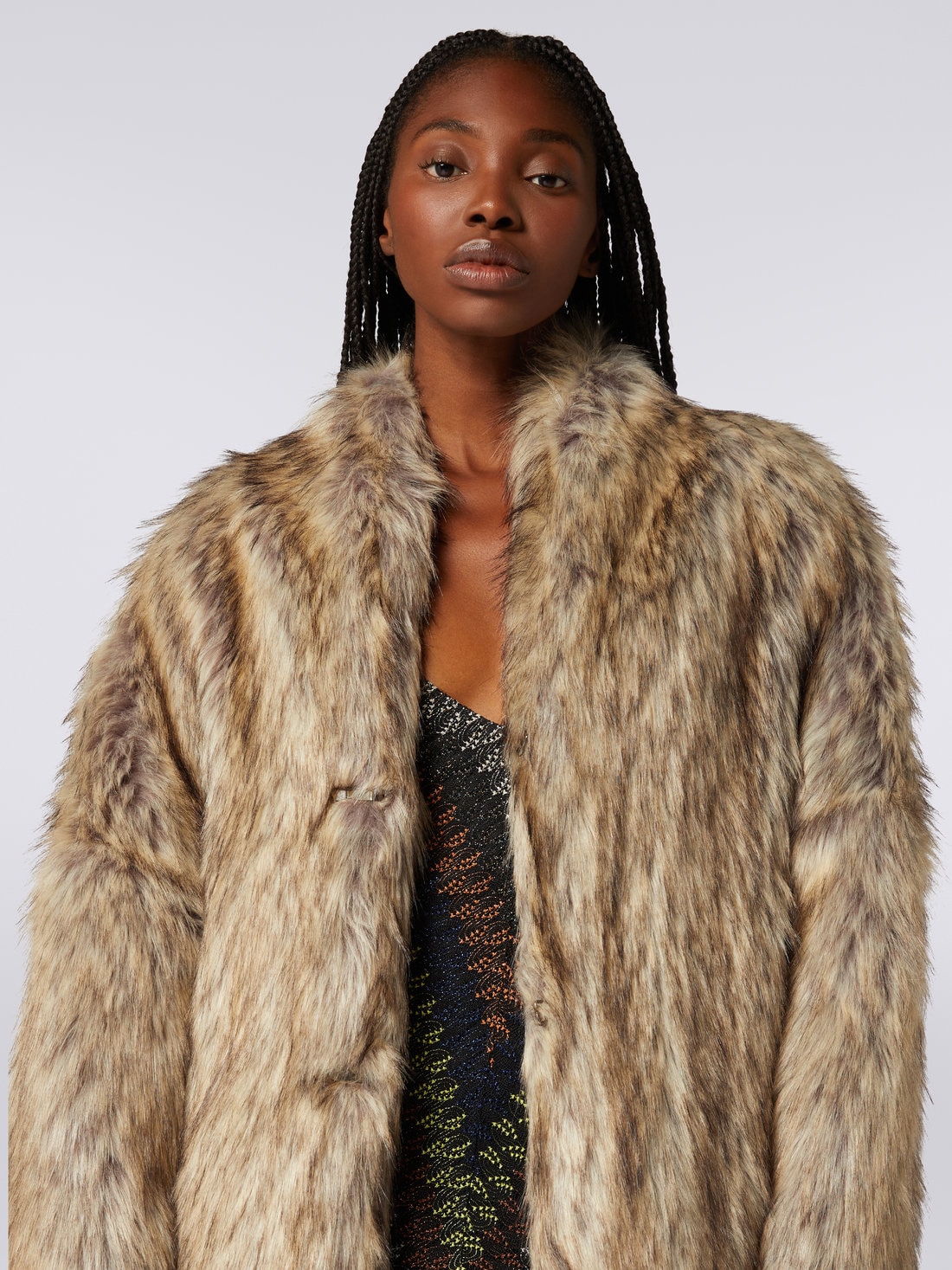 Long faux fur coat, Multicoloured  - DS23WC0UBW00QRS80BF - 4