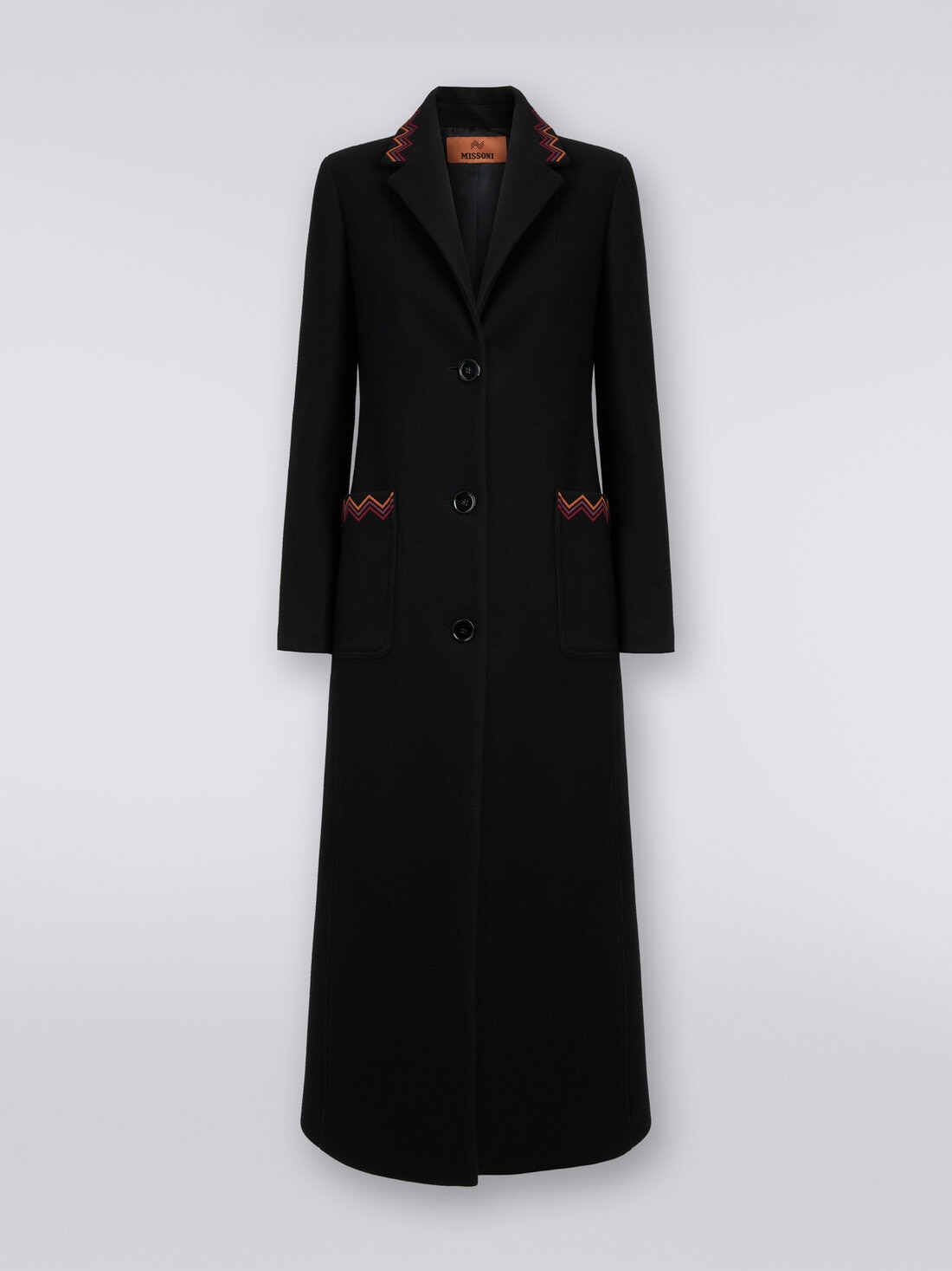 Manteau long en laine mélangée avec empiècements zig zag, Noir    - DS23WC0ZBW00OY93911 - 0