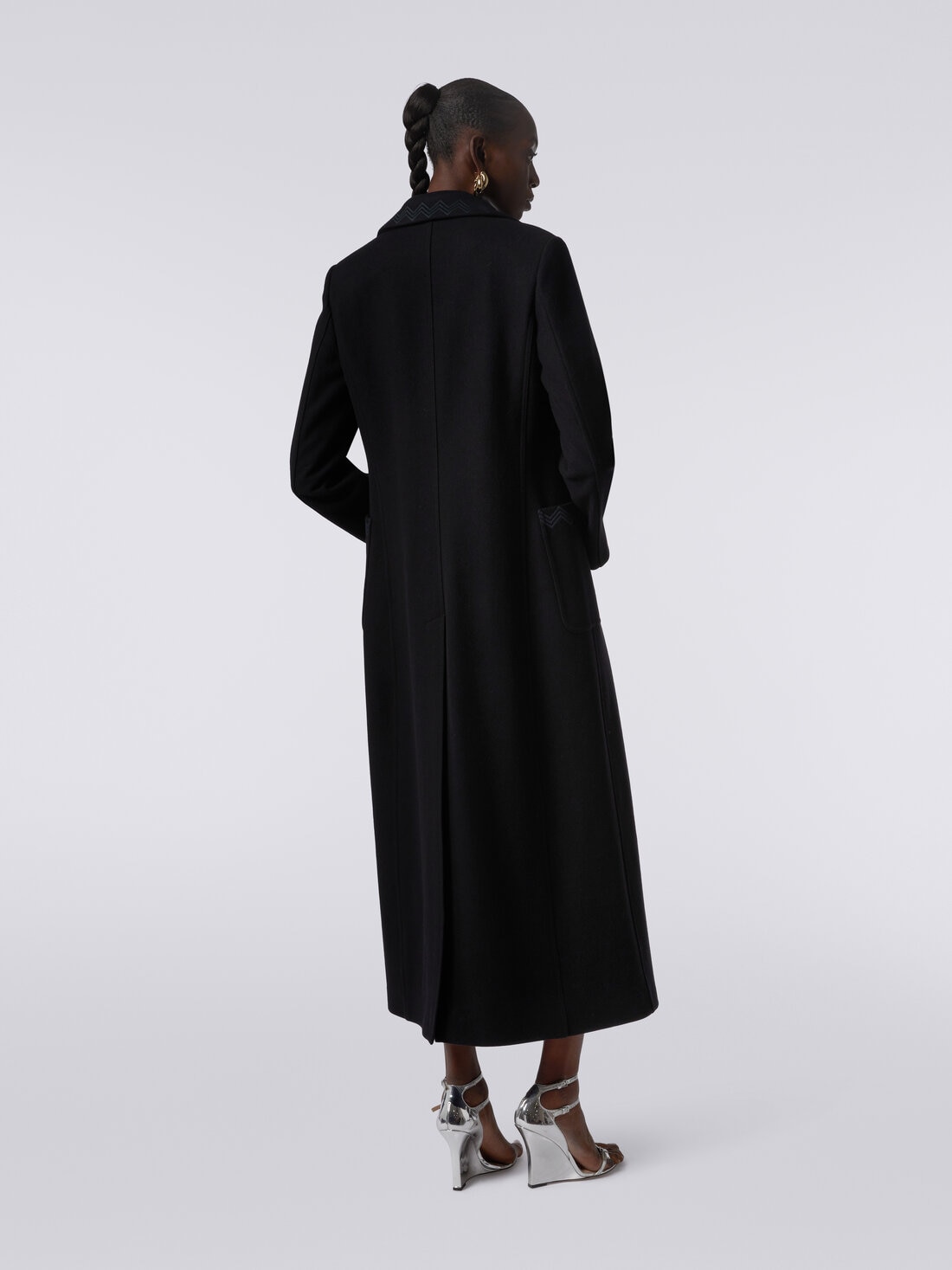 Wool blend long coat with zigzag inserts, Black    - DS23WC0ZBW00OY93911 - 3