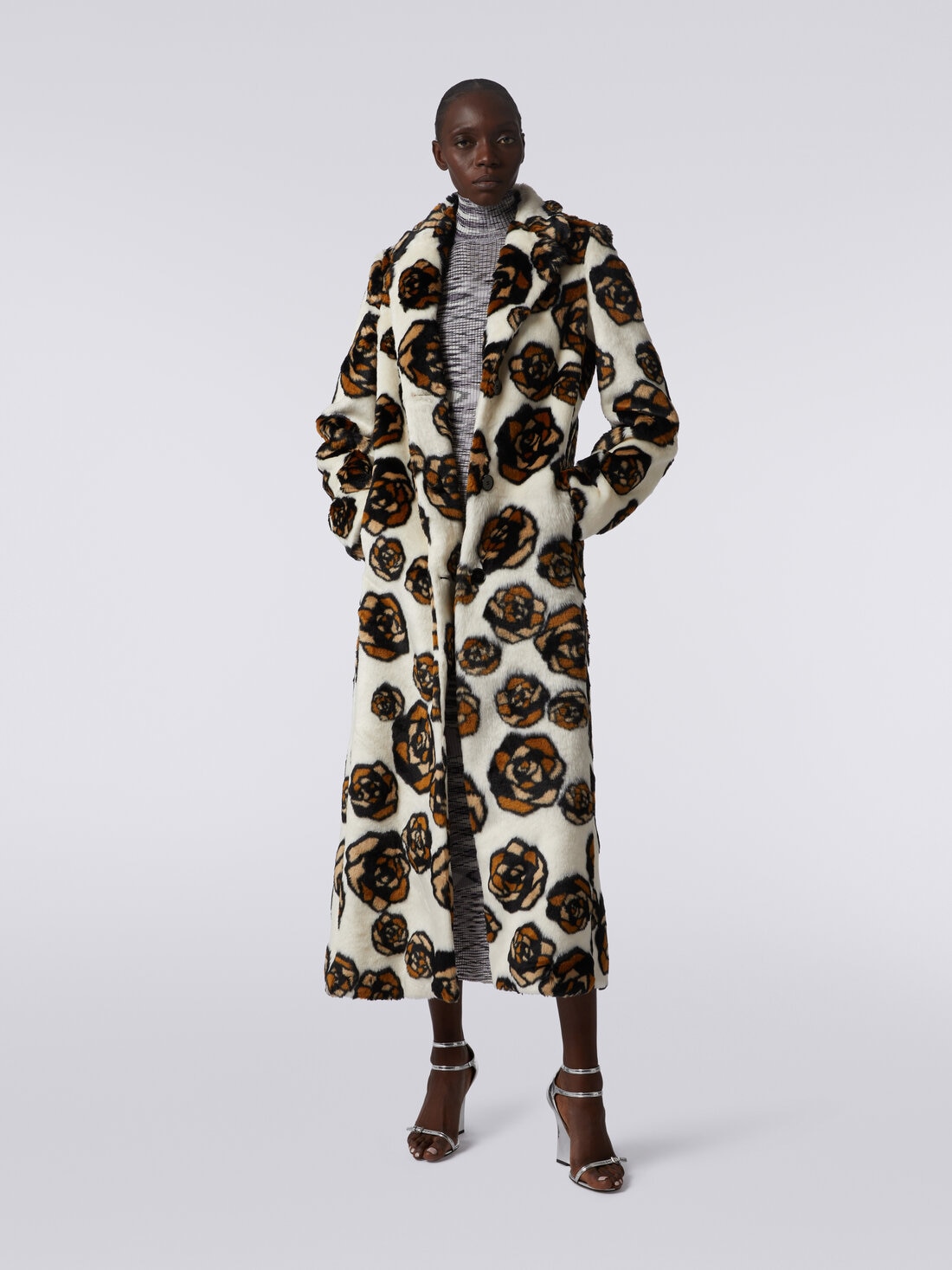 Long faux fur coat with roses, Multicoloured  - DS23WC1EBW00PSS01A1 - 1