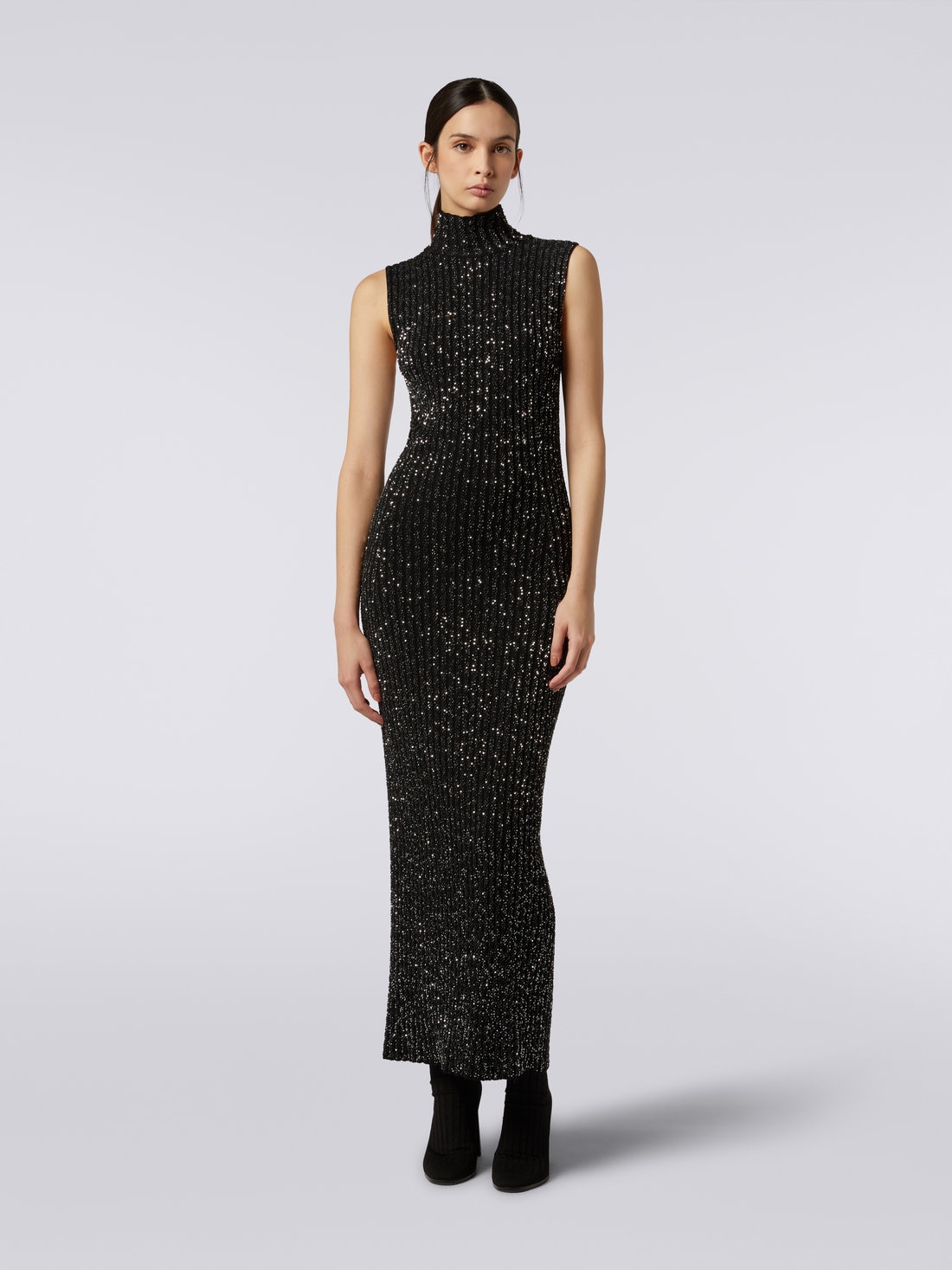 Long dress in viscose blend with sequins, Black    - DS23WG09BK025RS90DI - 1