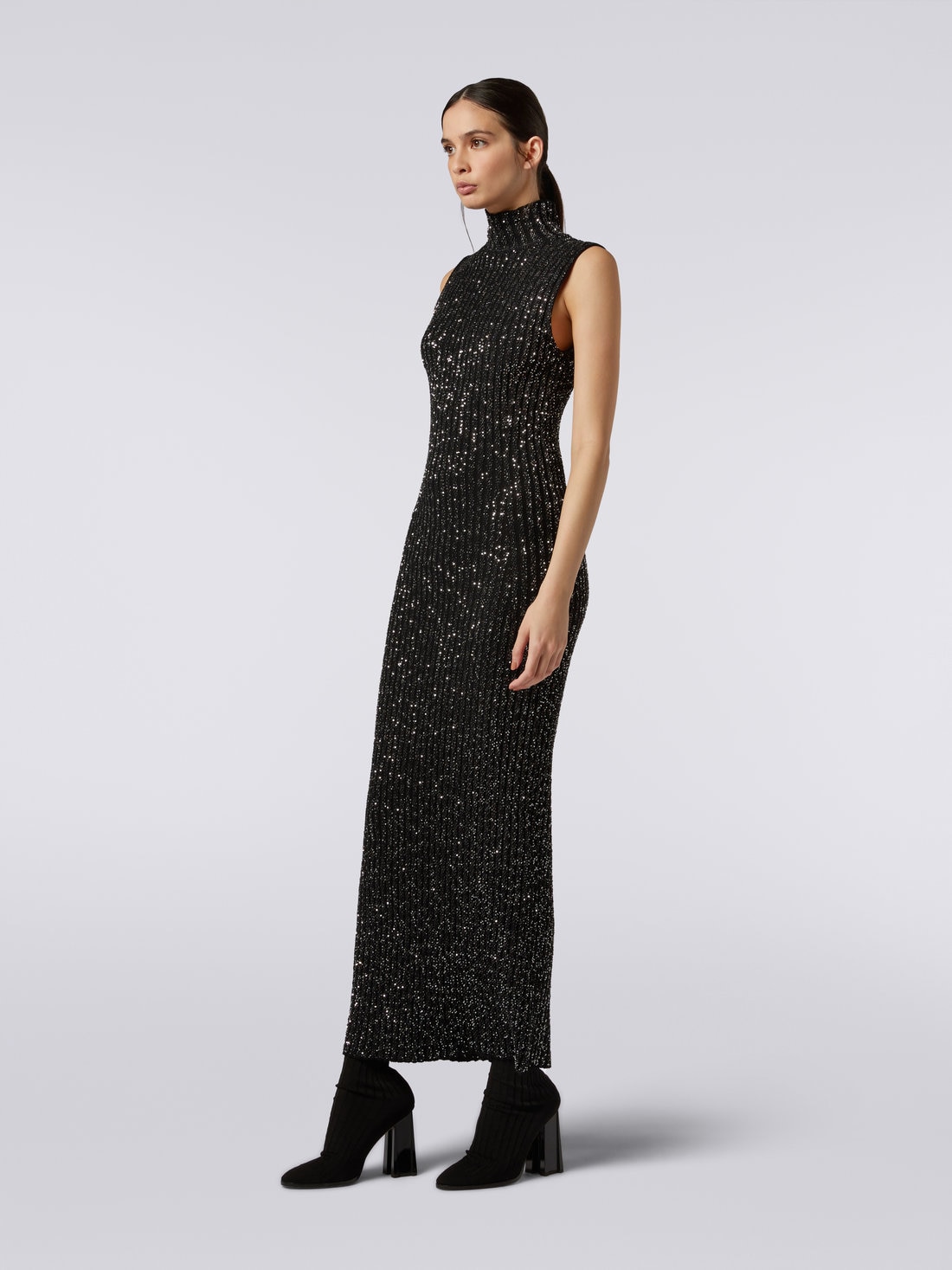 Long dress in viscose blend with sequins, Black    - DS23WG09BK025RS90DI - 2