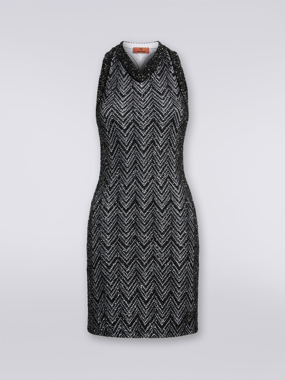 Kleid aus Baumwollmischgewebe mit Chevronmuster und Pailletten, Schwarz    - DS23WG0FBK025ES90DI - 0
