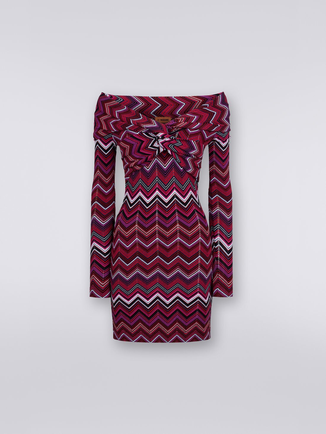Viscose chevron mini dress with Bardot neckline, Multicoloured  - 0
