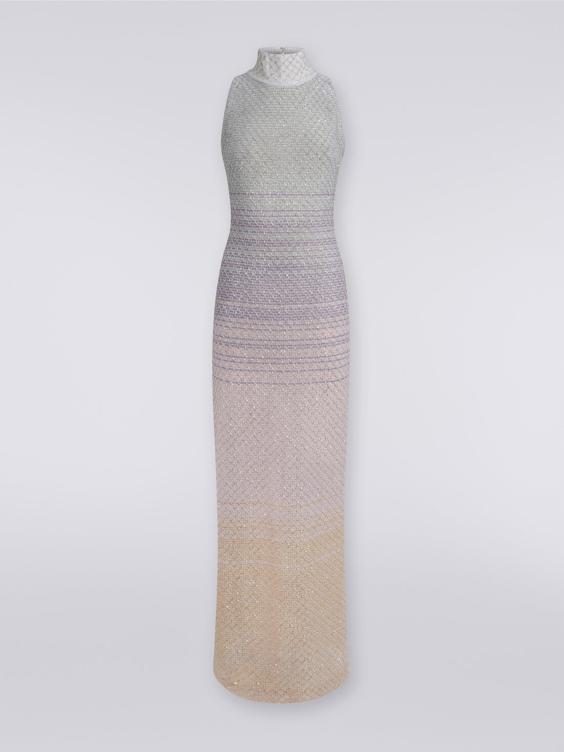 Vestido largo con escote americano en viscosa de malla con lentejuelas, Multicolor  - DS23WG1OBK026WS019A - 0