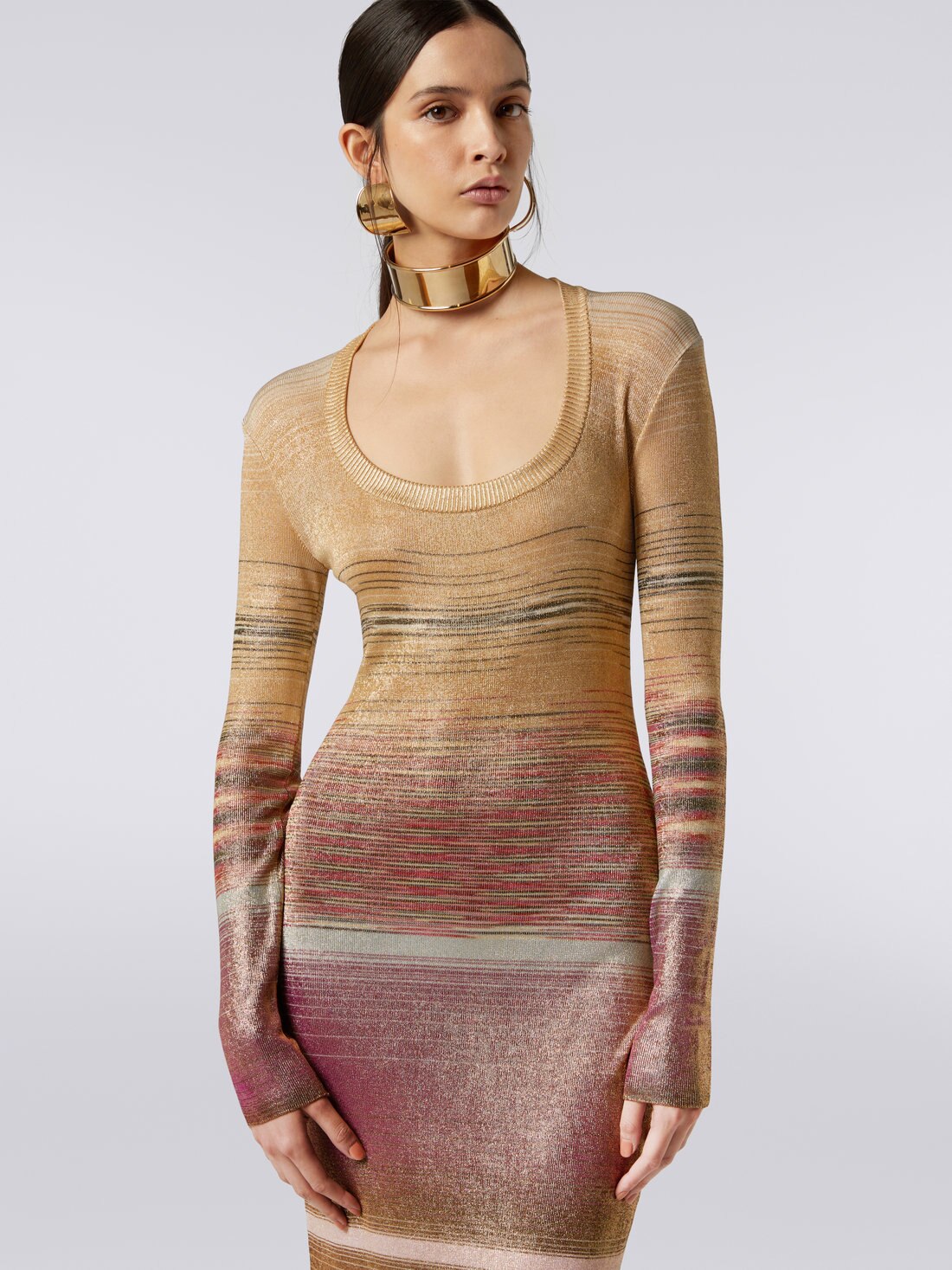 Langes Kleid mit quadratischem Ausschnitt aus Viskose in Flammgarnoptik, Mehrfarbig  - DS23WG1RBK026XSM913 - 4