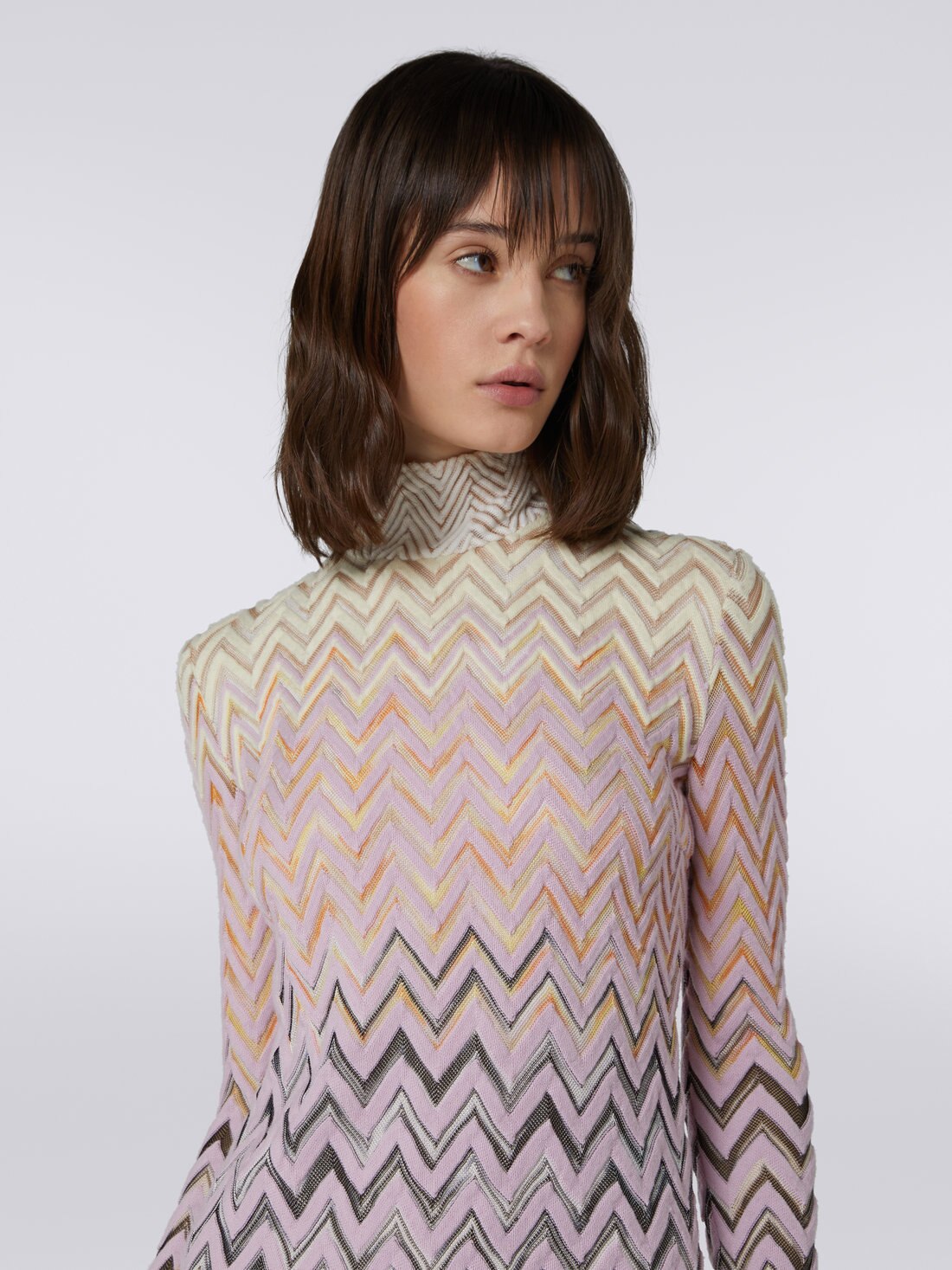 High-neck mini dress in zigzag wool and viscose, Multicoloured  - 8051575923210 - 4