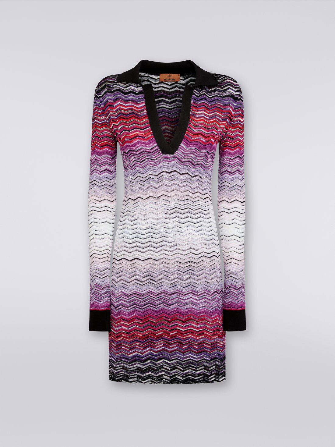 Short dégradé chevron dress with collar, Multicoloured  - DS23WG24BK025ZSM91K - 0