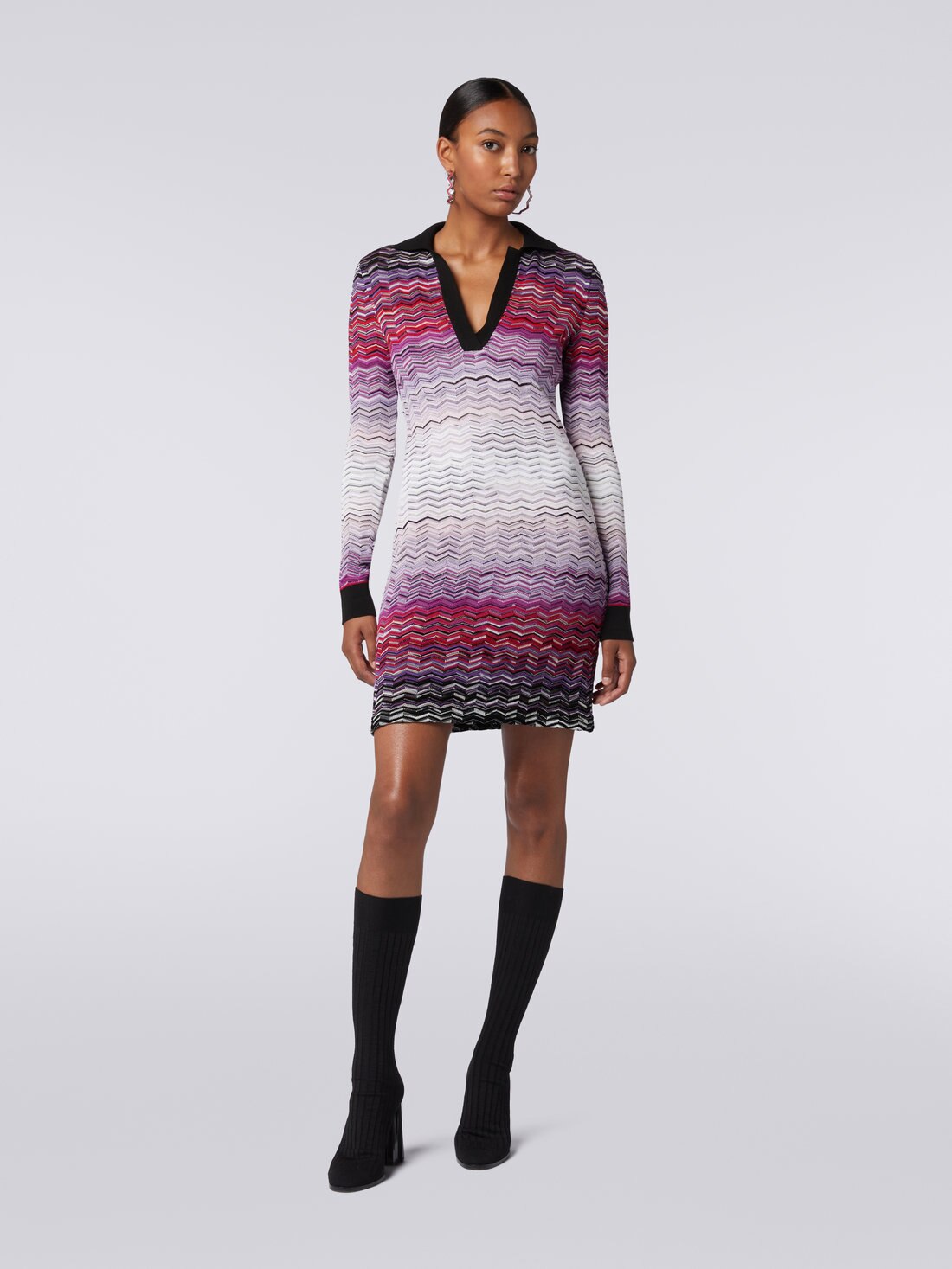 Short dégradé chevron dress with collar, Multicoloured  - DS23WG24BK025ZSM91K - 1