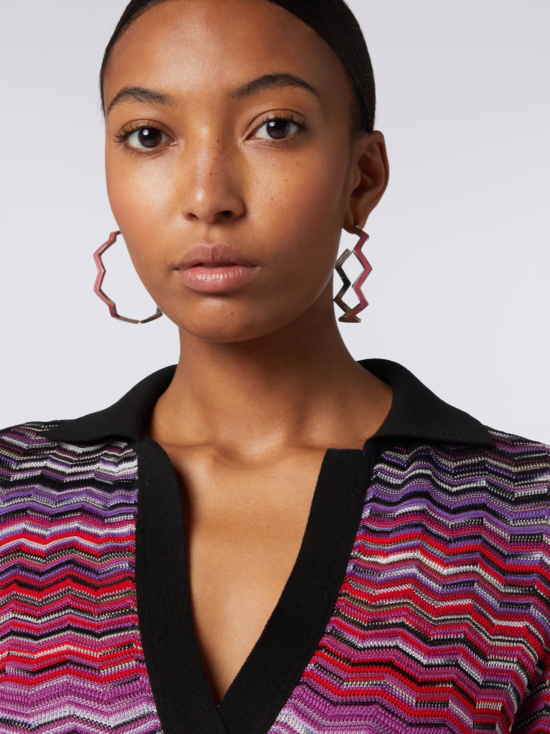 Short dégradé chevron dress with collar, Multicoloured  - DS23WG24BK025ZSM91K - 4