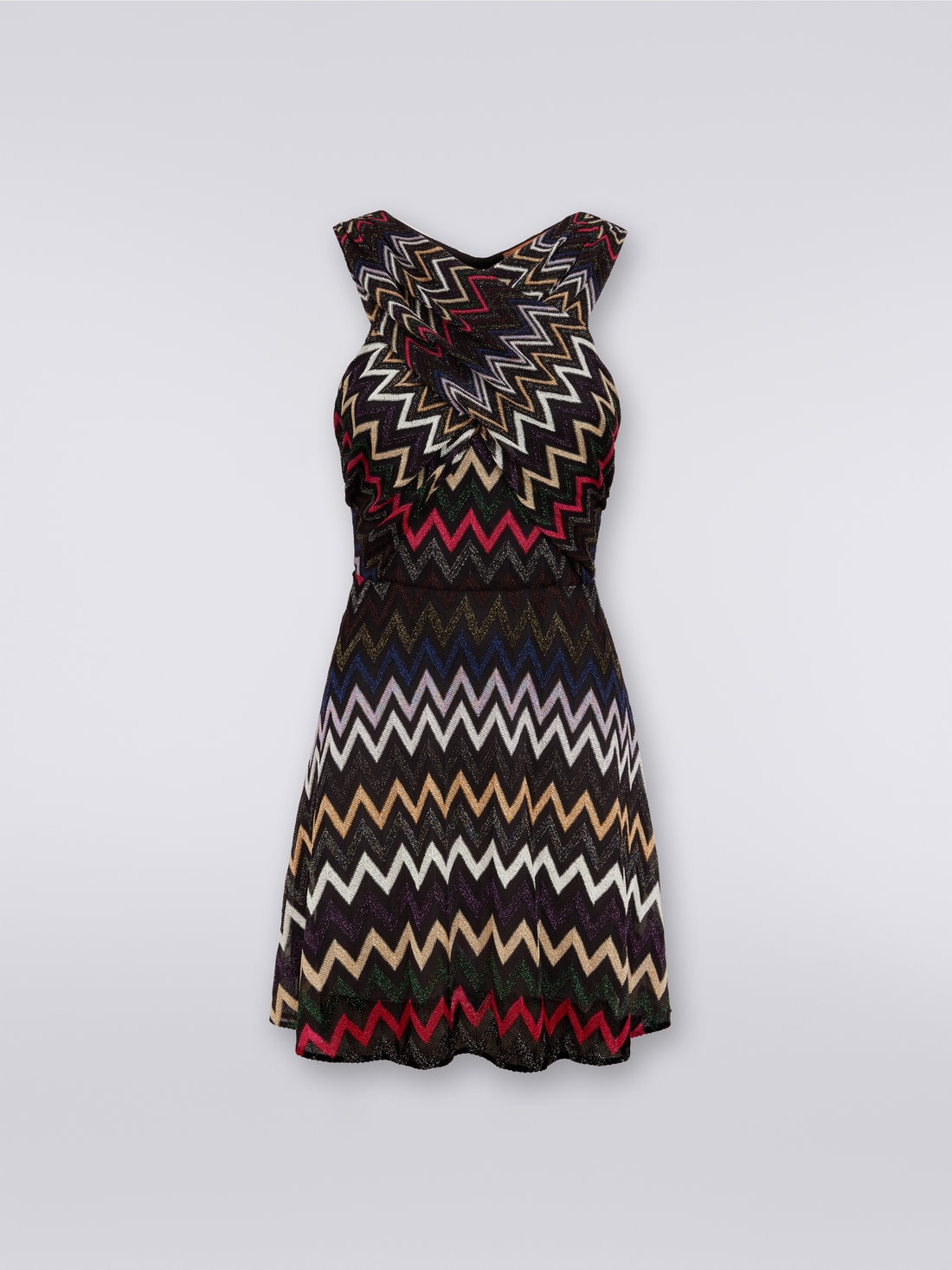 Zigzag patterned mini dress with crossover neckline, Multicoloured  - DS23WG28BR00OYSM8WK - 0