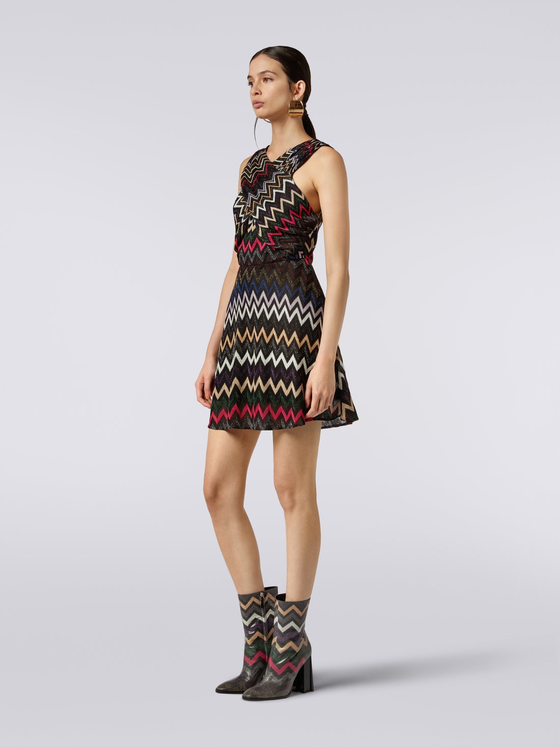 Zigzag patterned mini dress with crossover neckline, Multicoloured  - DS23WG28BR00OYSM8WK - 2